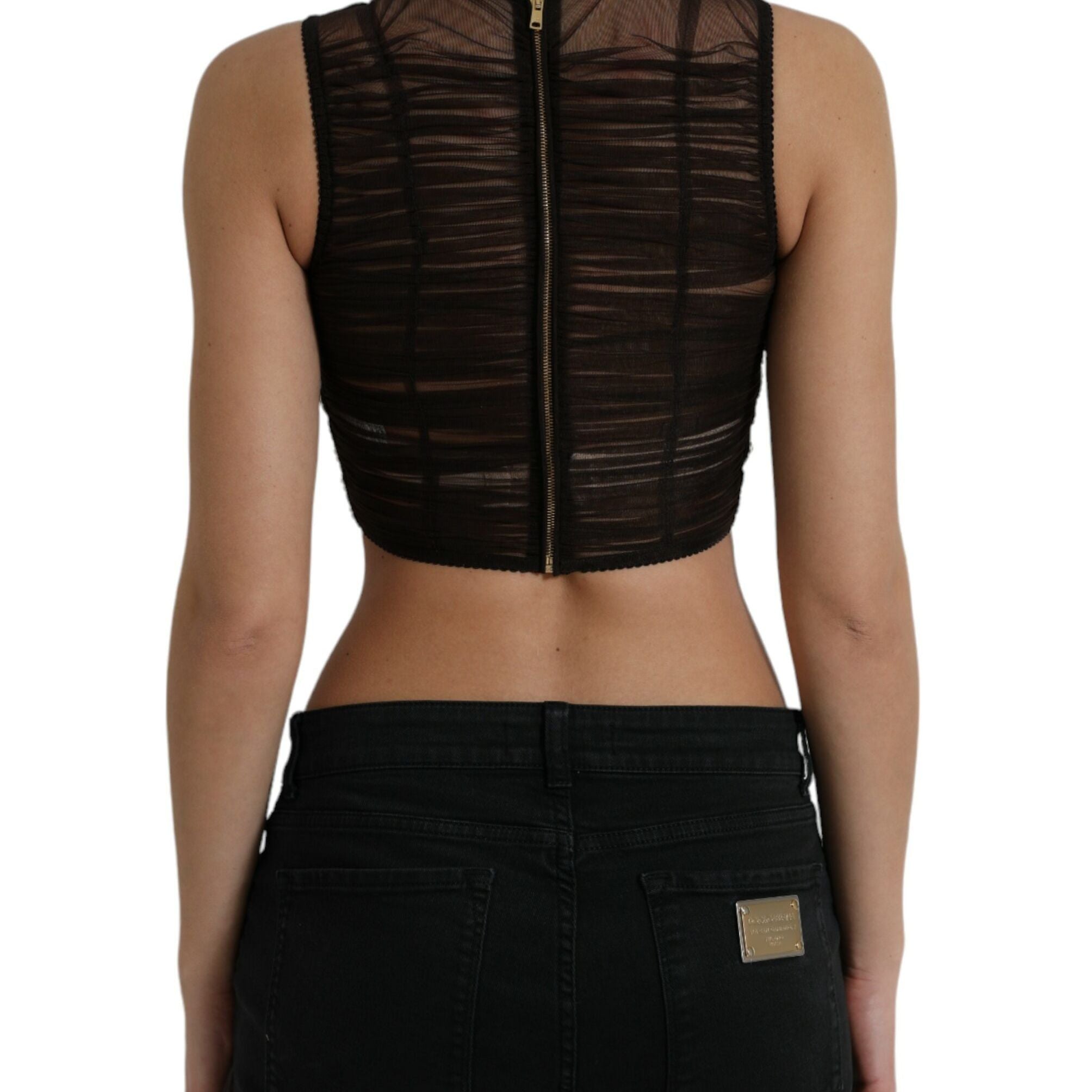 Dolce & Gabbana Brown Embellished Nylon Stretch Cropped Top