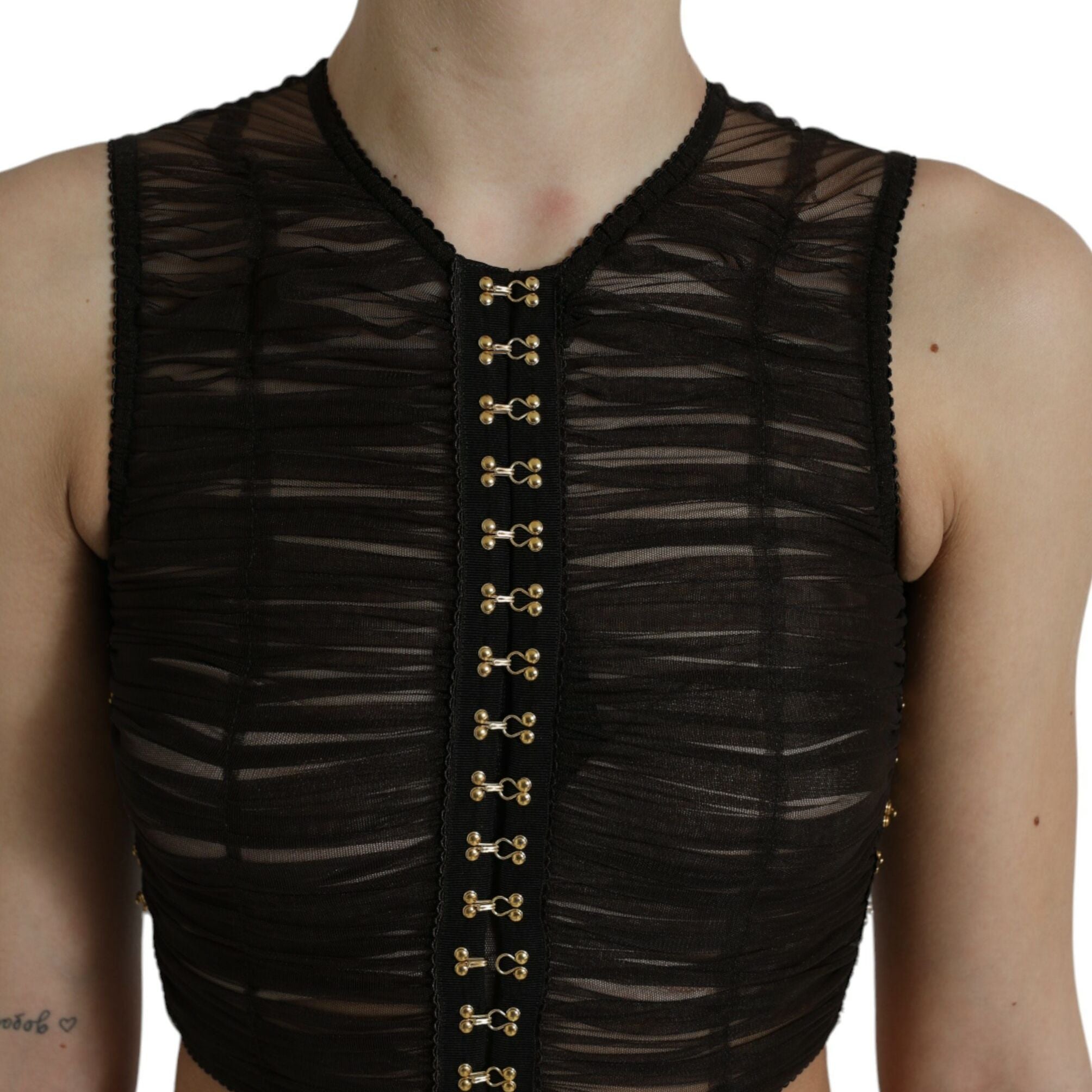 Dolce & Gabbana Brown Embellished Nylon Stretch Cropped Top
