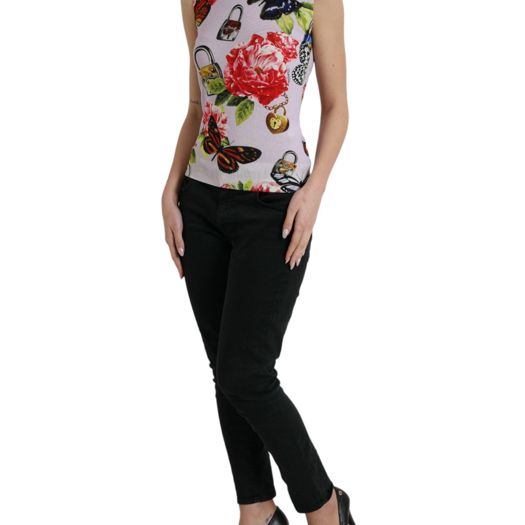 Dolce & Gabbana Multicolor Floral Padlock Butterfly Tank Top