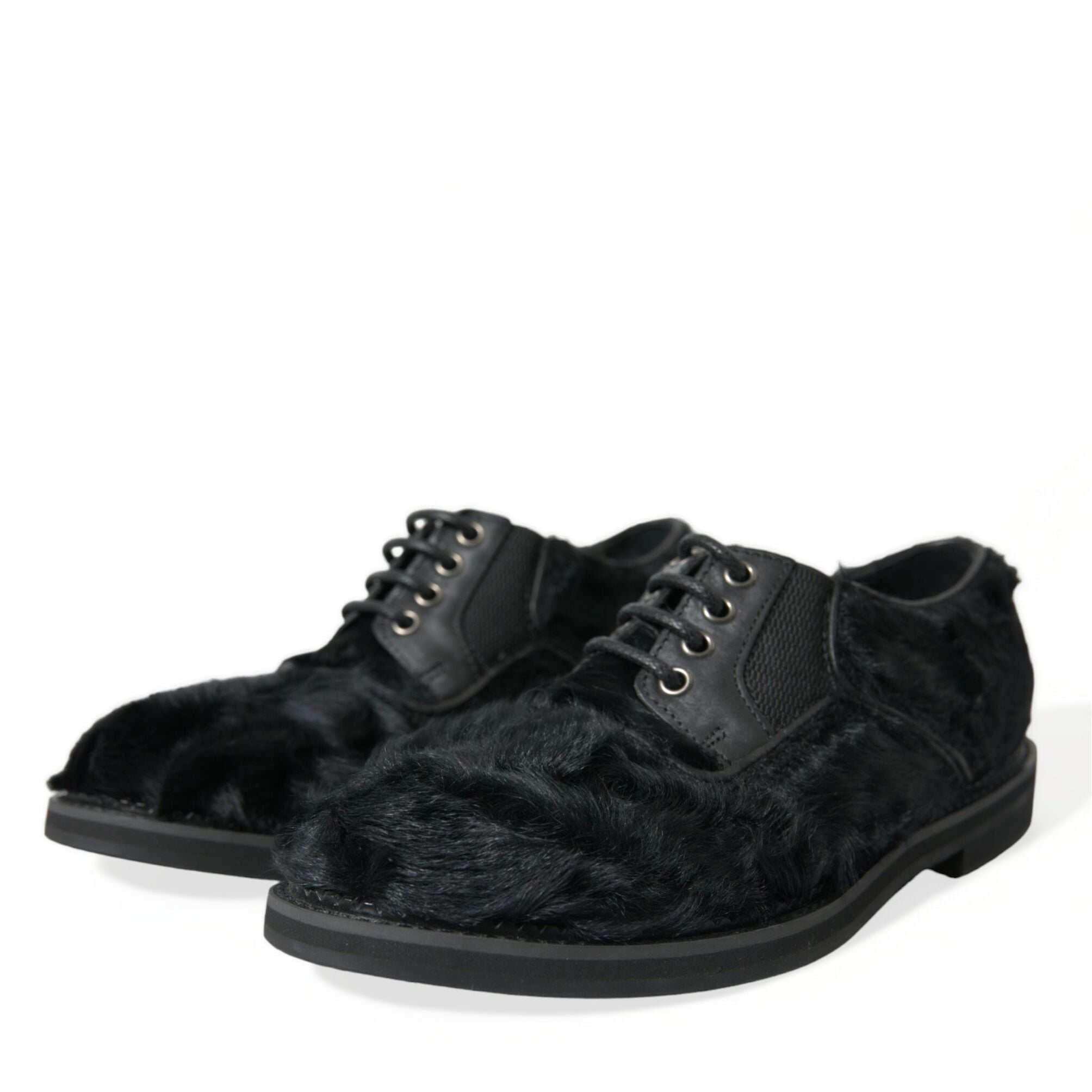 Dolce & Gabbana Black Fur Leather Lace Up Derby Dress Shoes