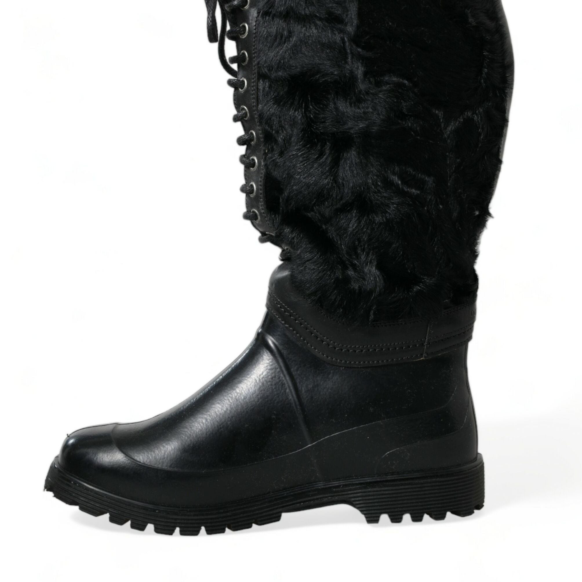 Dolce & Gabbana Black Rubber Lace Up Shearling Rain Boots Shoes