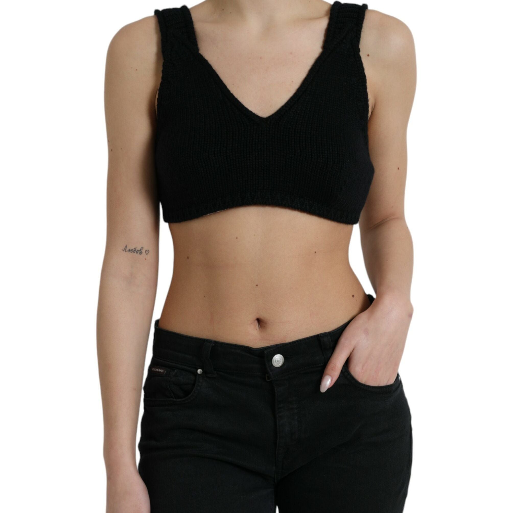 Dolce & Gabbana Black Cropped Cashmere V-neck Bustier Top