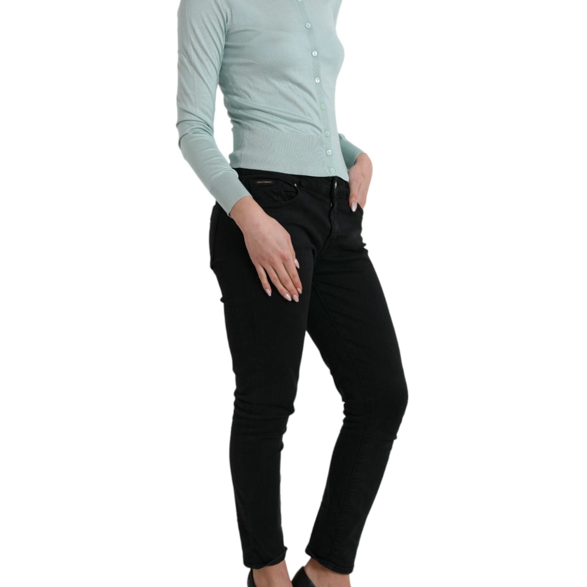 Dolce & Gabbana Light Blue Silk Crew Neck Cardigan Sweater