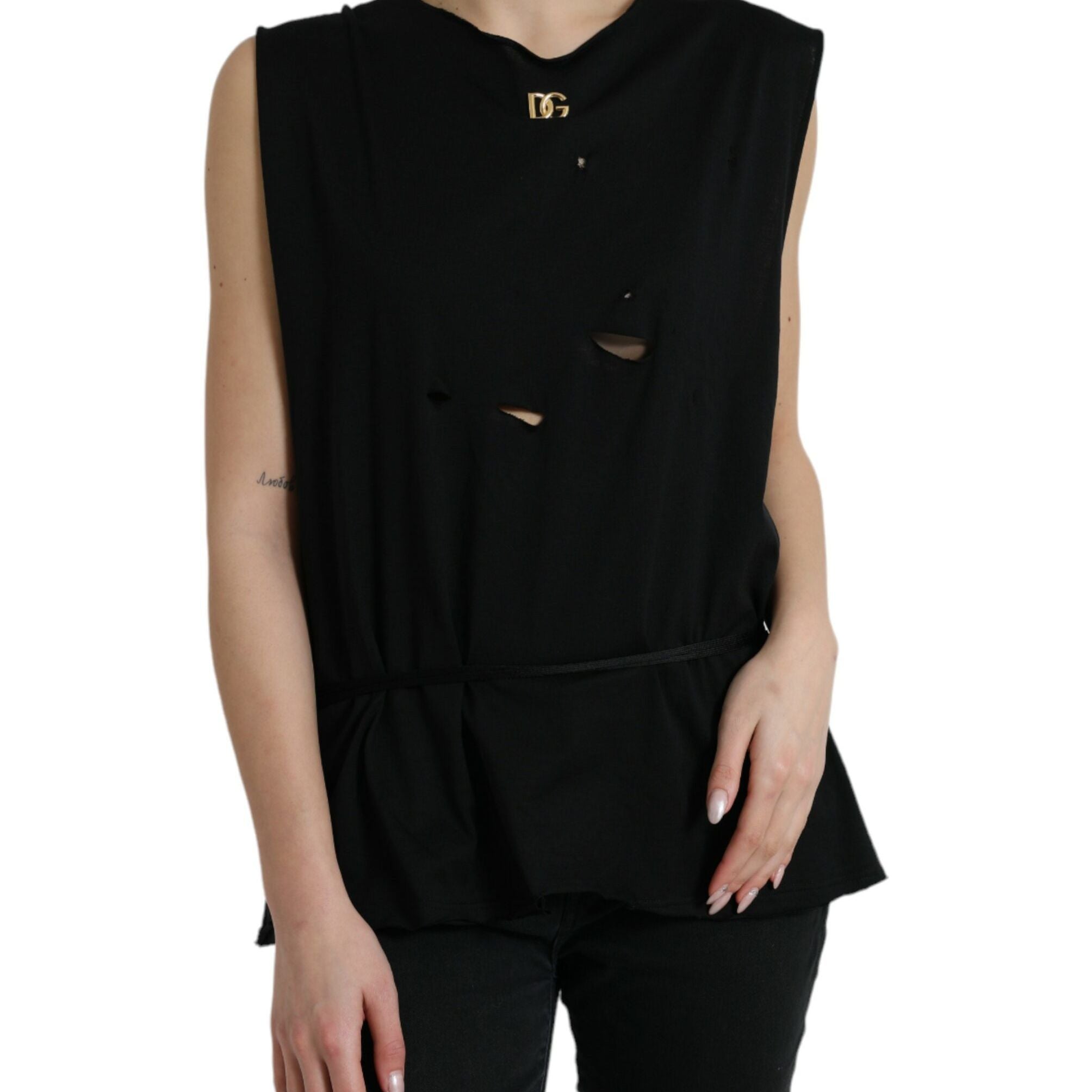 Dolce & Gabbana Black Cotton Lace Up Logo Round Neck Tank Top