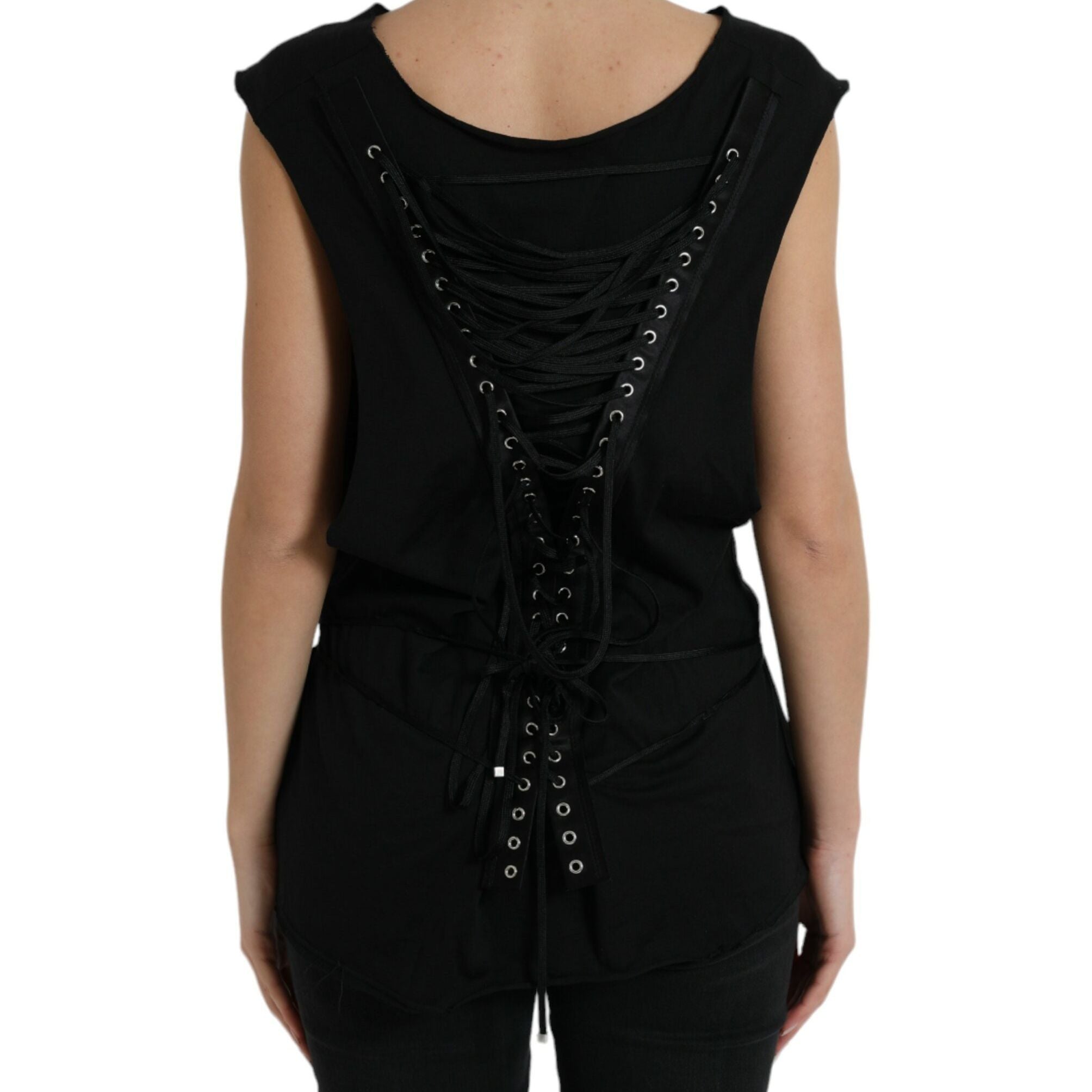 Dolce & Gabbana Black Cotton Lace Up Logo Round Neck Tank Top