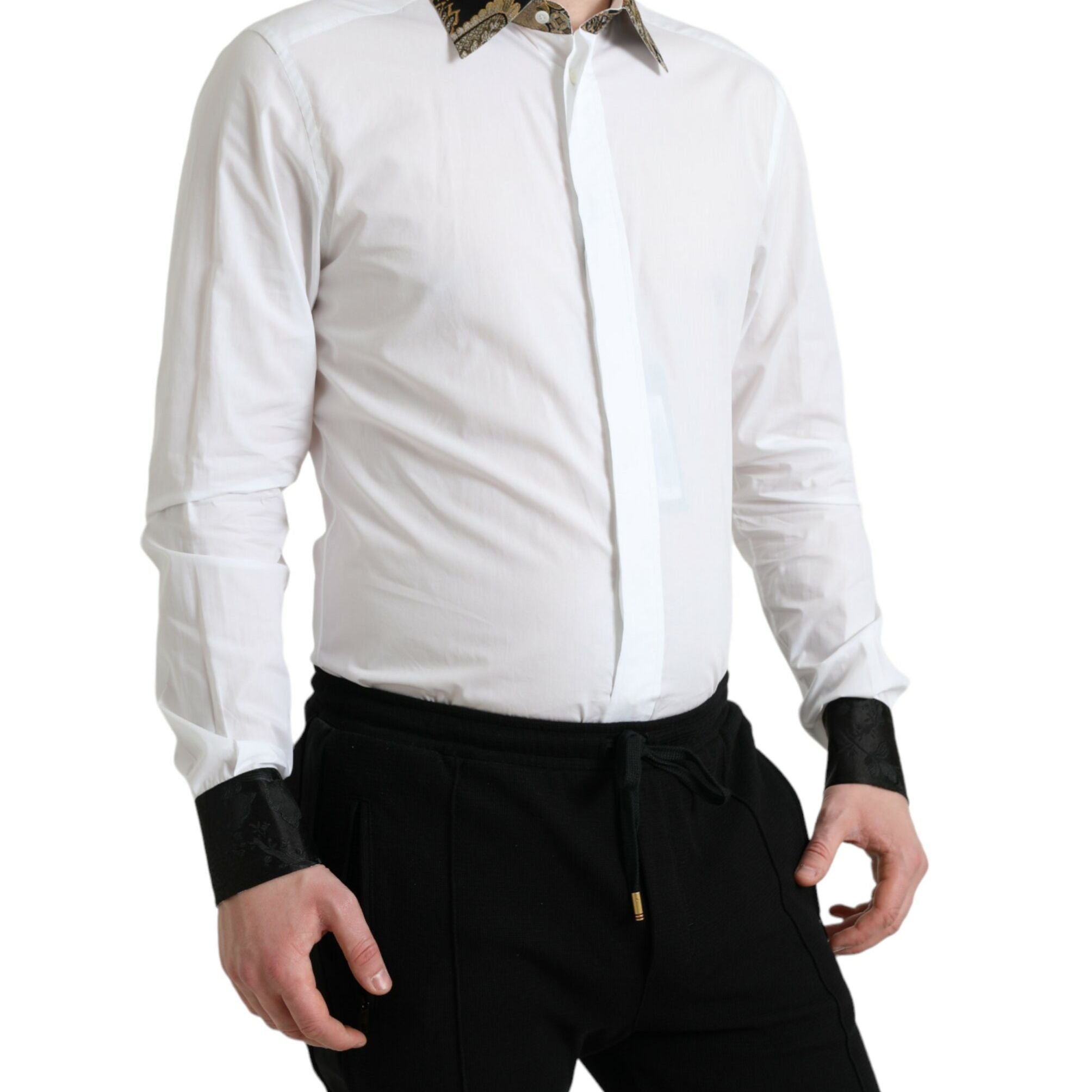 Dolce & Gabbana White Cotton Jacquard Formal GOLD Dress Shirt