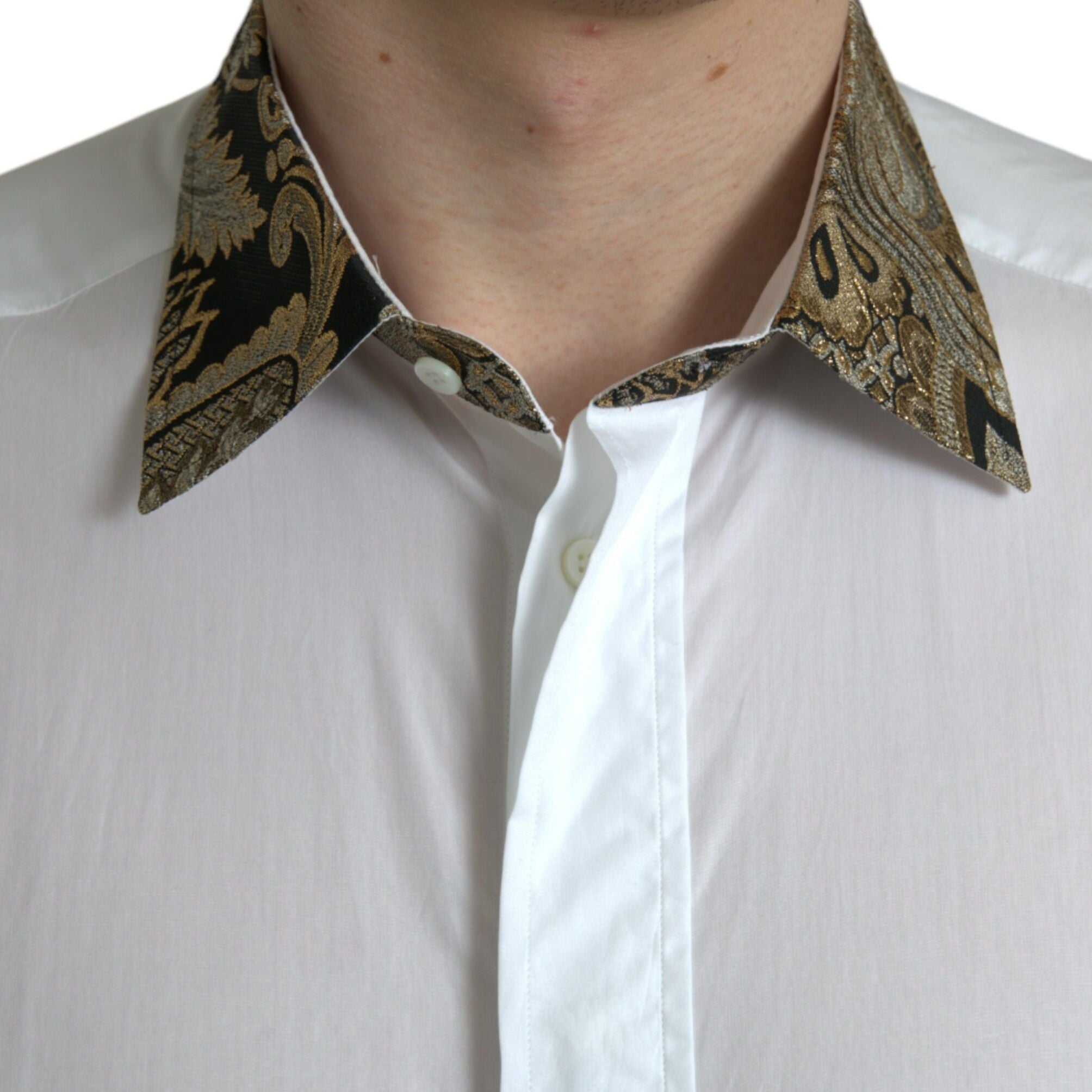 Dolce & Gabbana White Cotton Jacquard Formal GOLD Dress Shirt