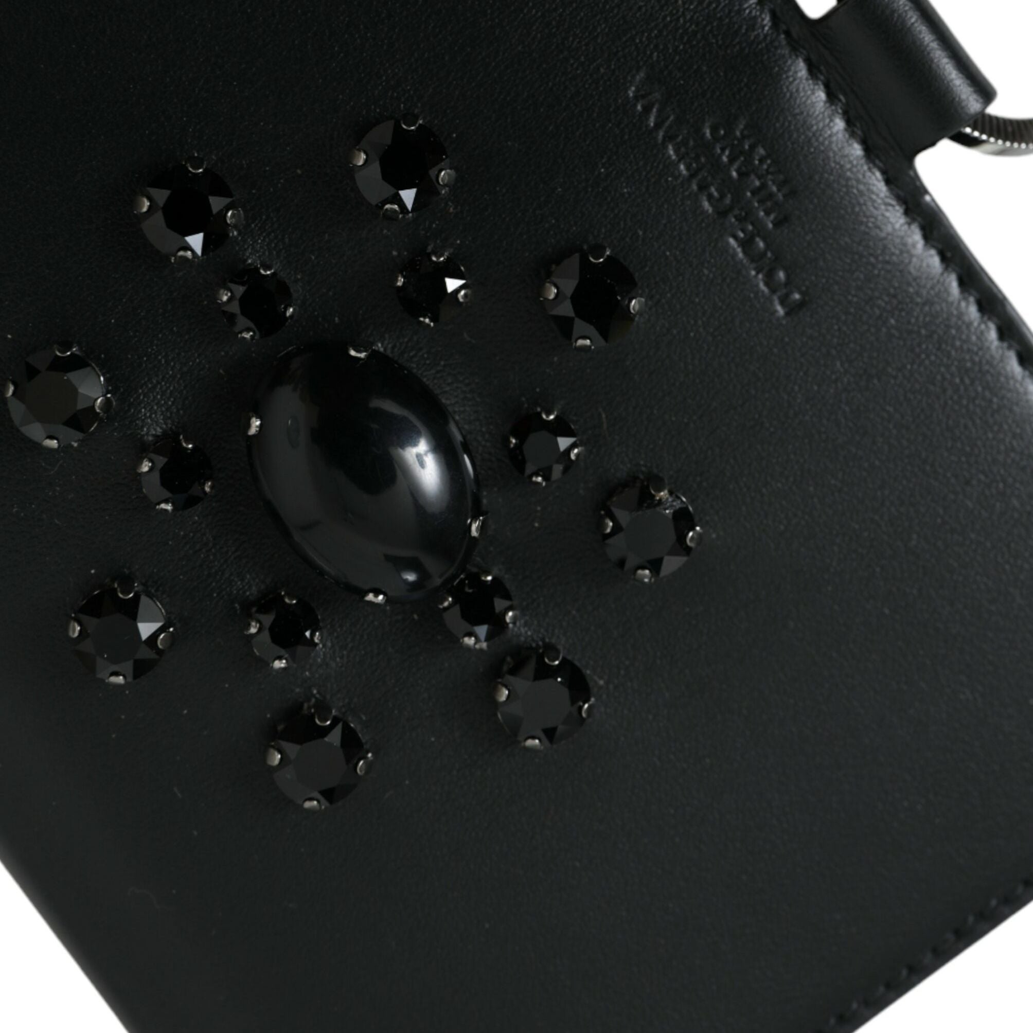 Dolce & Gabbana Black White Leather Crystal Embellished Cardholder Wallet