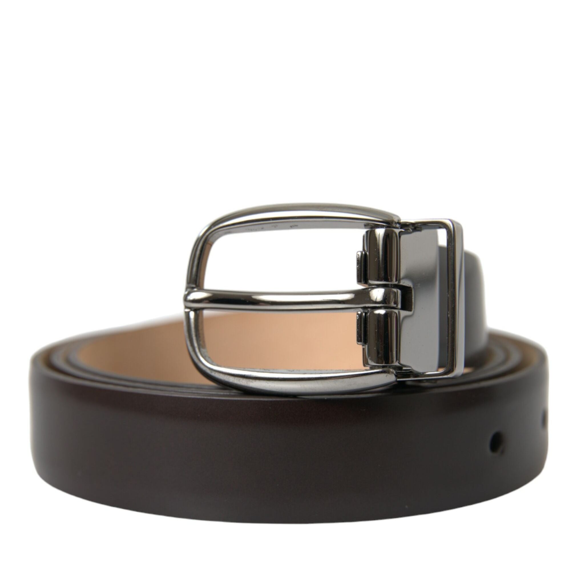 Dolce & Gabbana Dark Brown Leather Silver Metal Buckle Belt