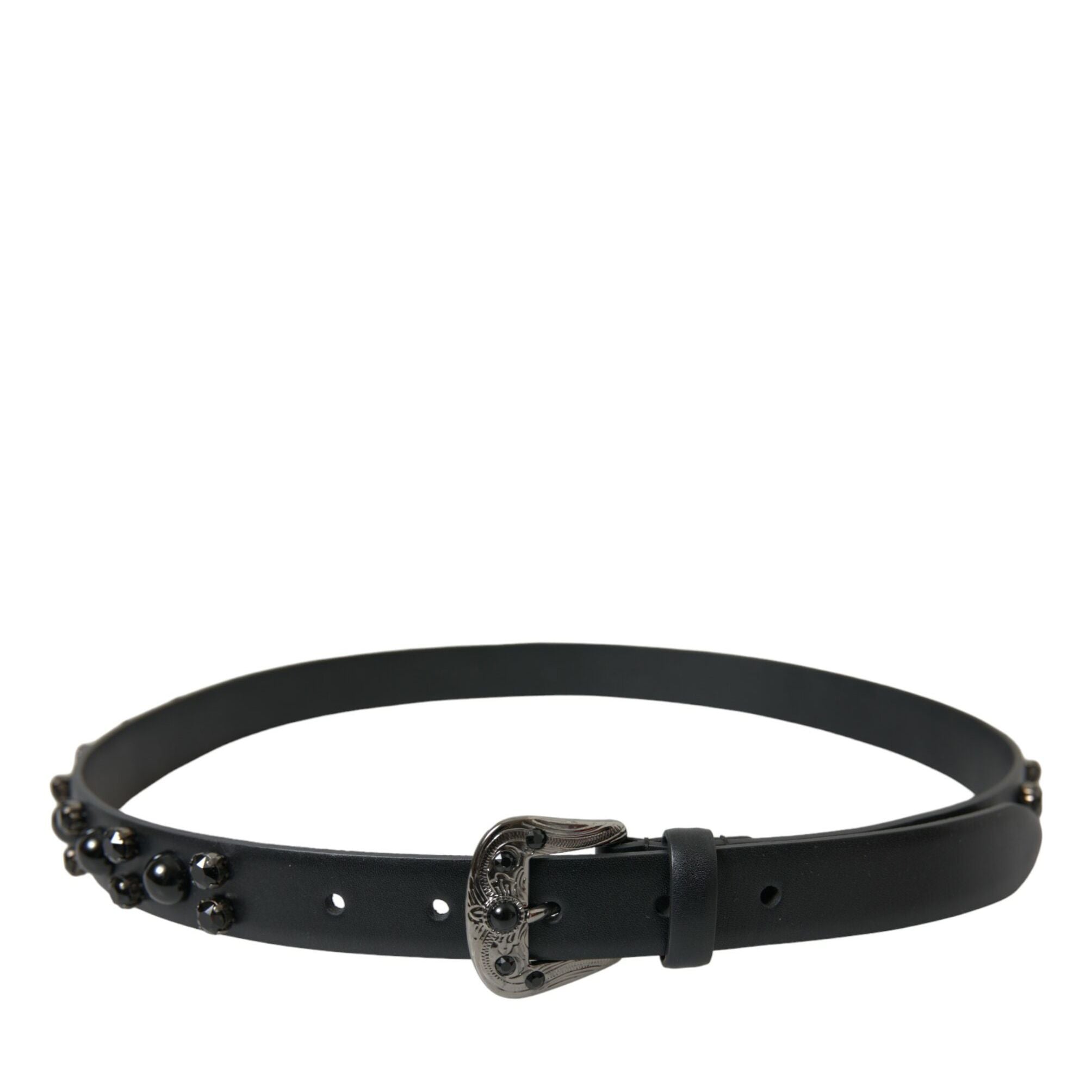 Dolce & Gabbana Black Embellished Leather Engraved Buckle Belt