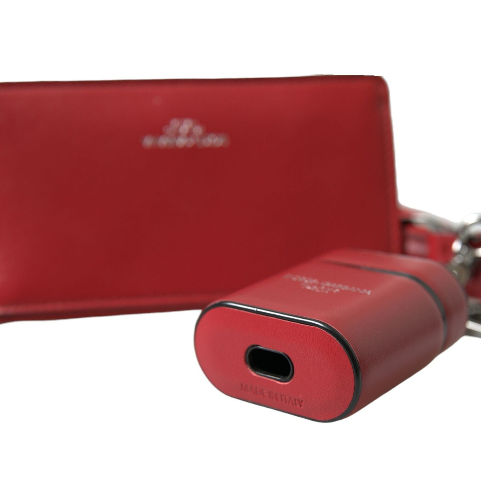 Dolce & Gabbana Red Leather Silver Metal Logo Strap Pouch Airpods Case