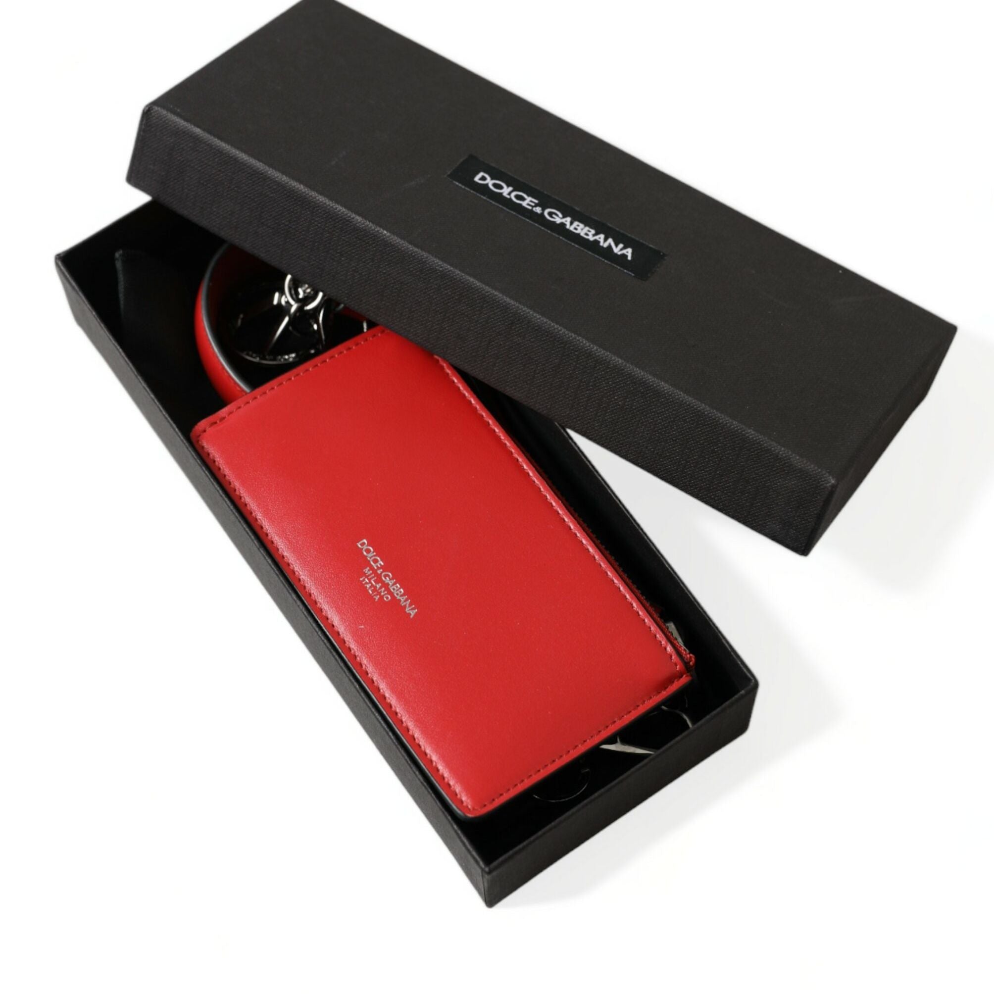 Dolce & Gabbana Red Leather Silver Metal Logo Strap Pouch Airpods Case