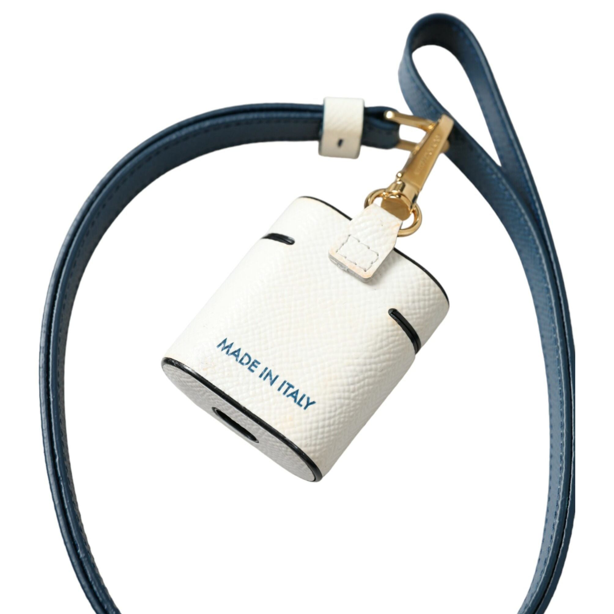 Dolce & Gabbana White Blue Calf Leather Logo Print Strap Airpods Case