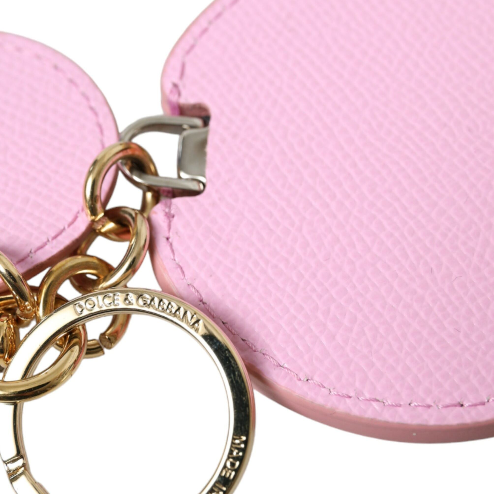 Dolce & Gabbana Pink Calf Leather Gold Metal Logo Print Keyring Keychain