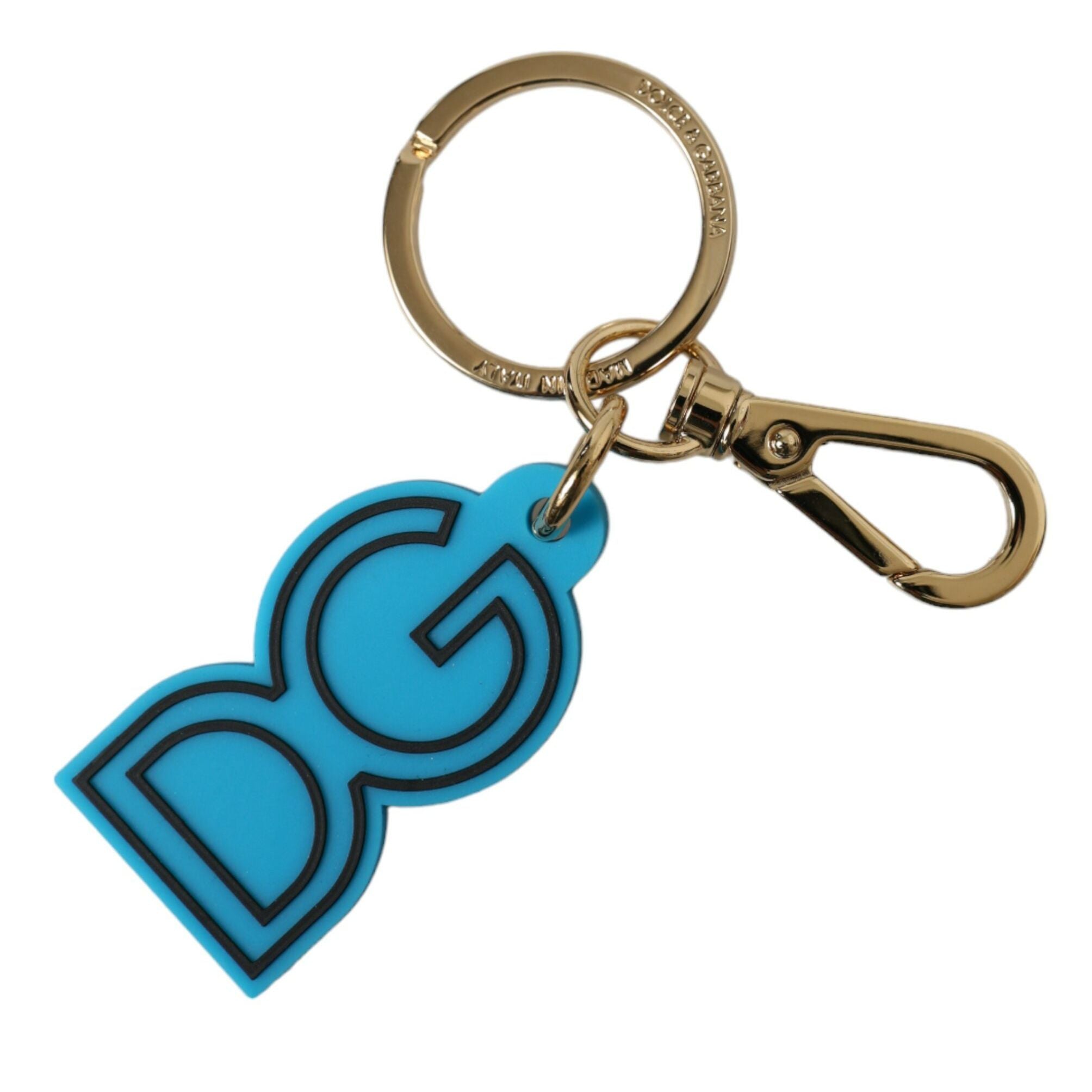 Dolce & Gabbana Blue Rubber Gold Tone Metal DG Logo Keyring Keychain