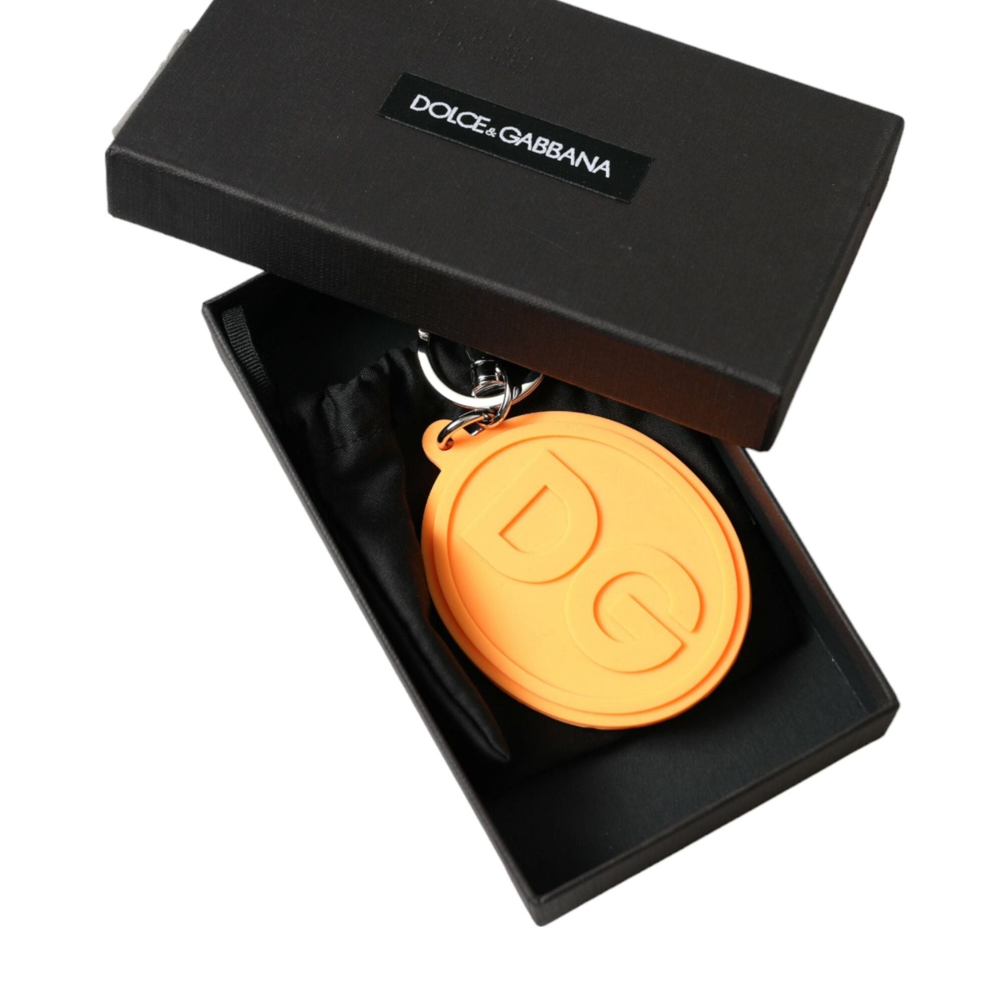 Dolce & Gabbana Orange Rubber DG Logo Silver Brass Metal Keyring Keychain