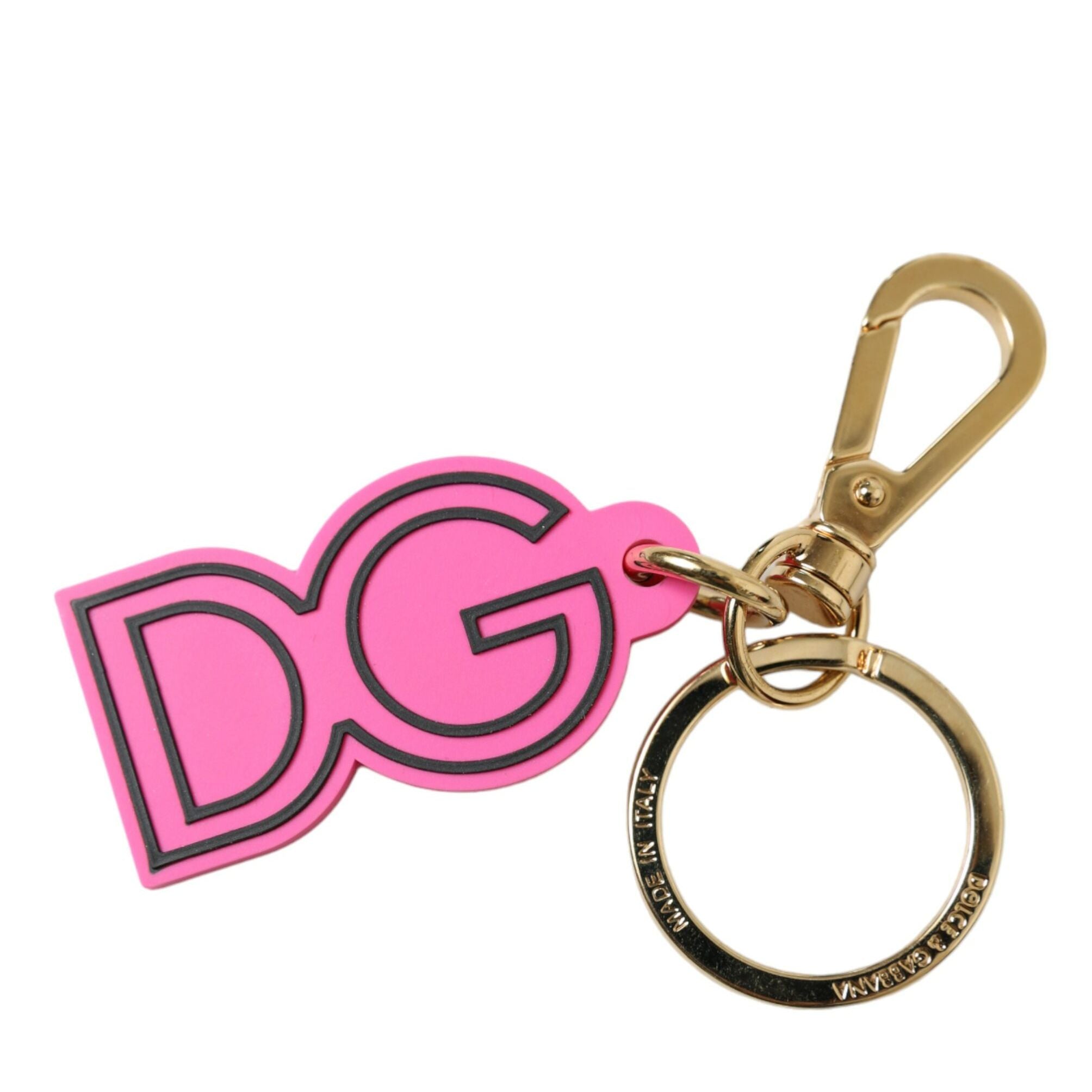 Dolce & Gabbana Pink Rubber Gold Tone Metal DG Logo Keyring Keychain
