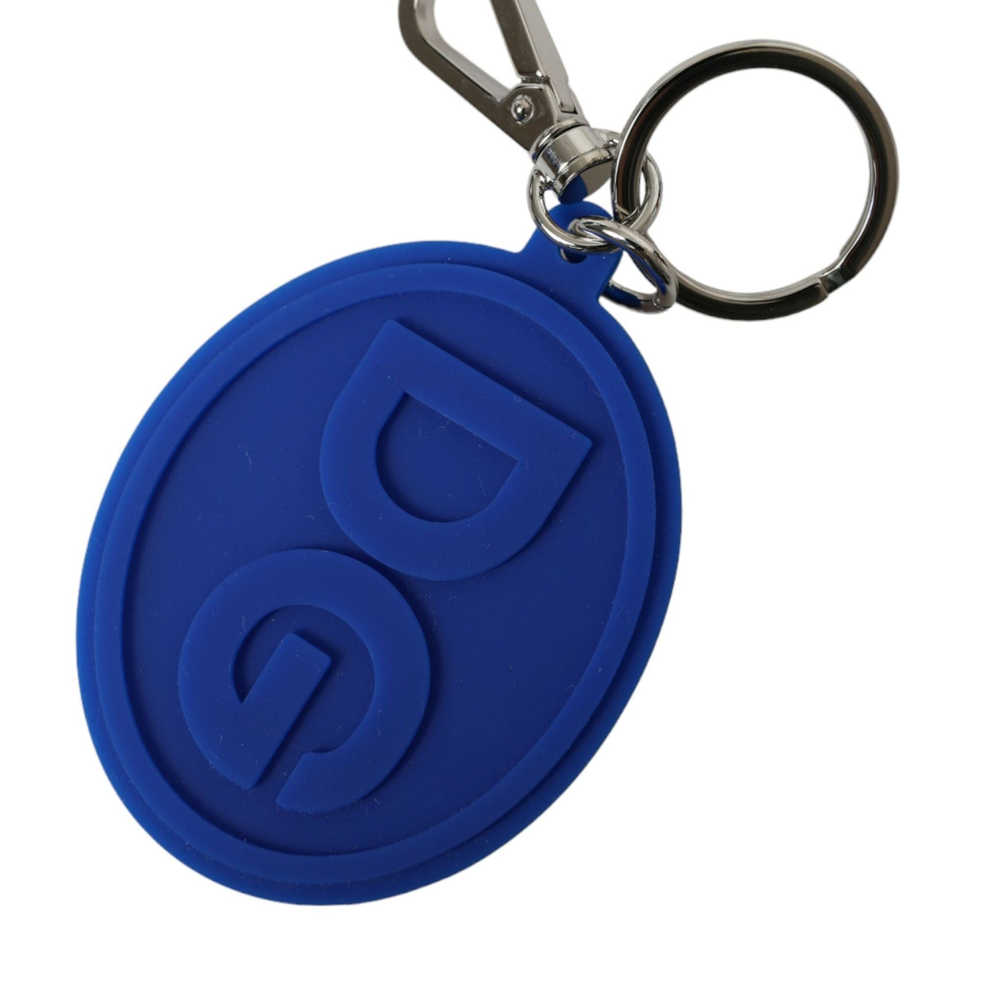 Dolce & Gabbana Blue Rubber DG Logo Silver Brass Metal Keyring Keychain