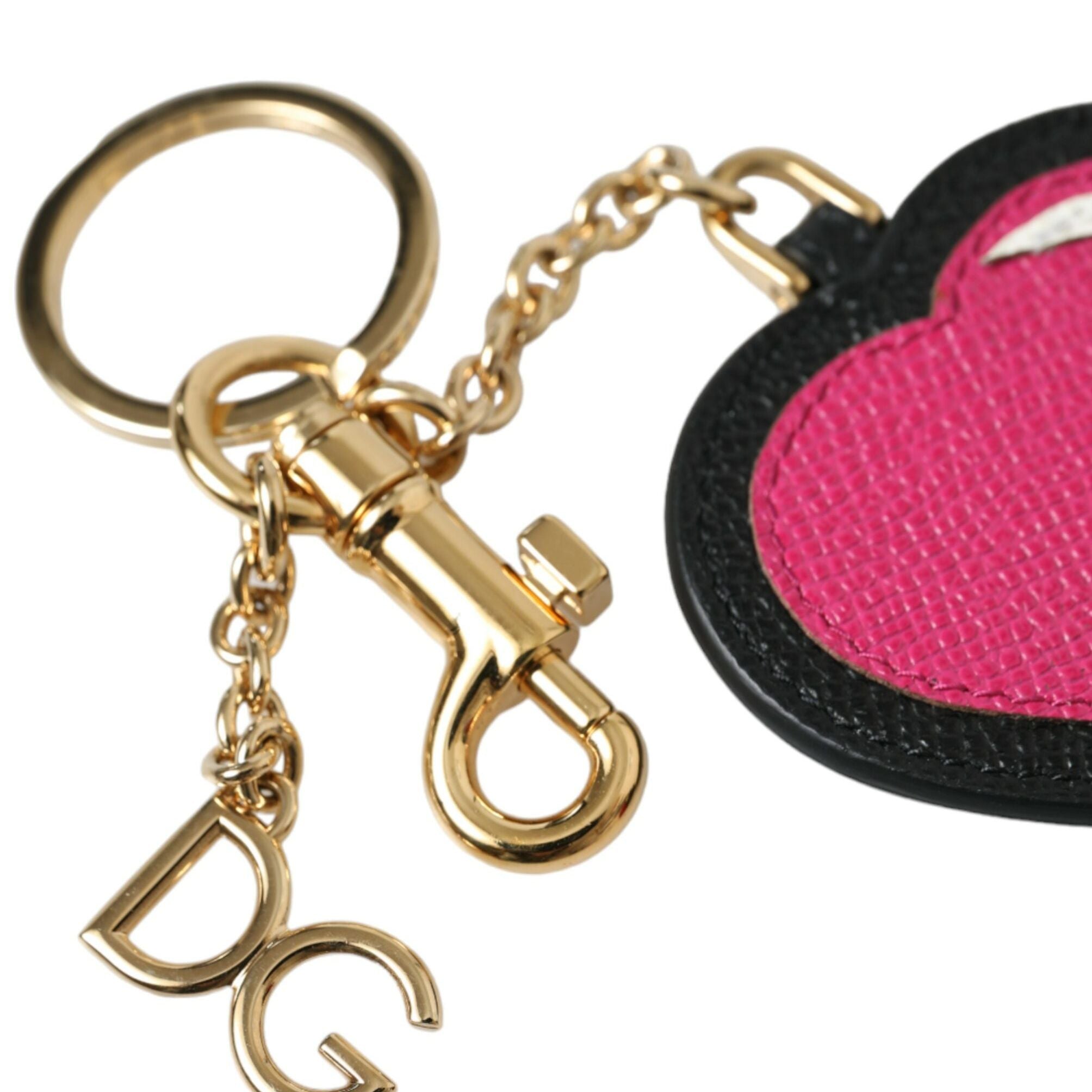 Dolce & Gabbana Pink Black Heart Leather Gold Tone Brass Keyring Keychain