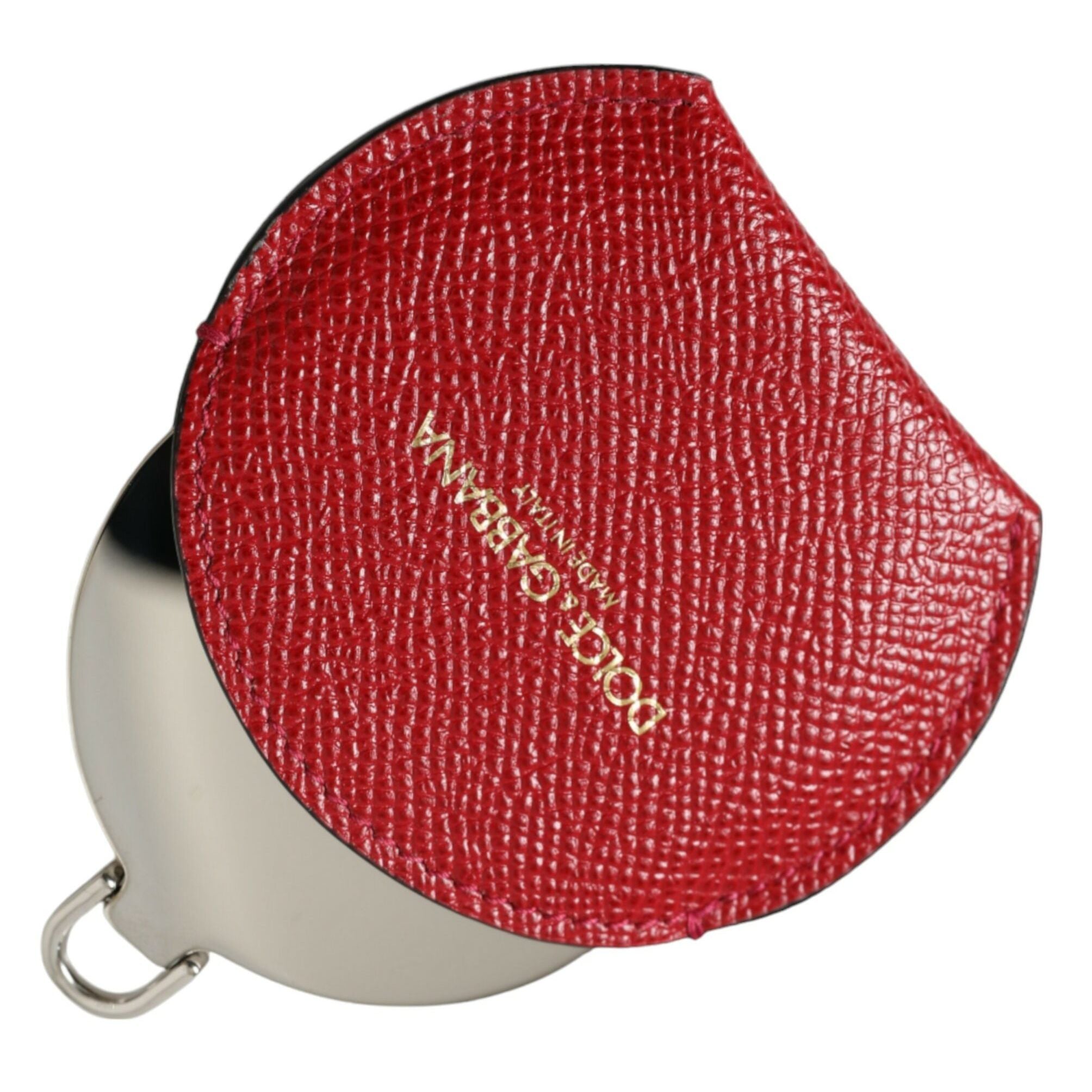 Dolce & Gabbana Red Calfskin Leather Round Logo Hand Mirror Holder