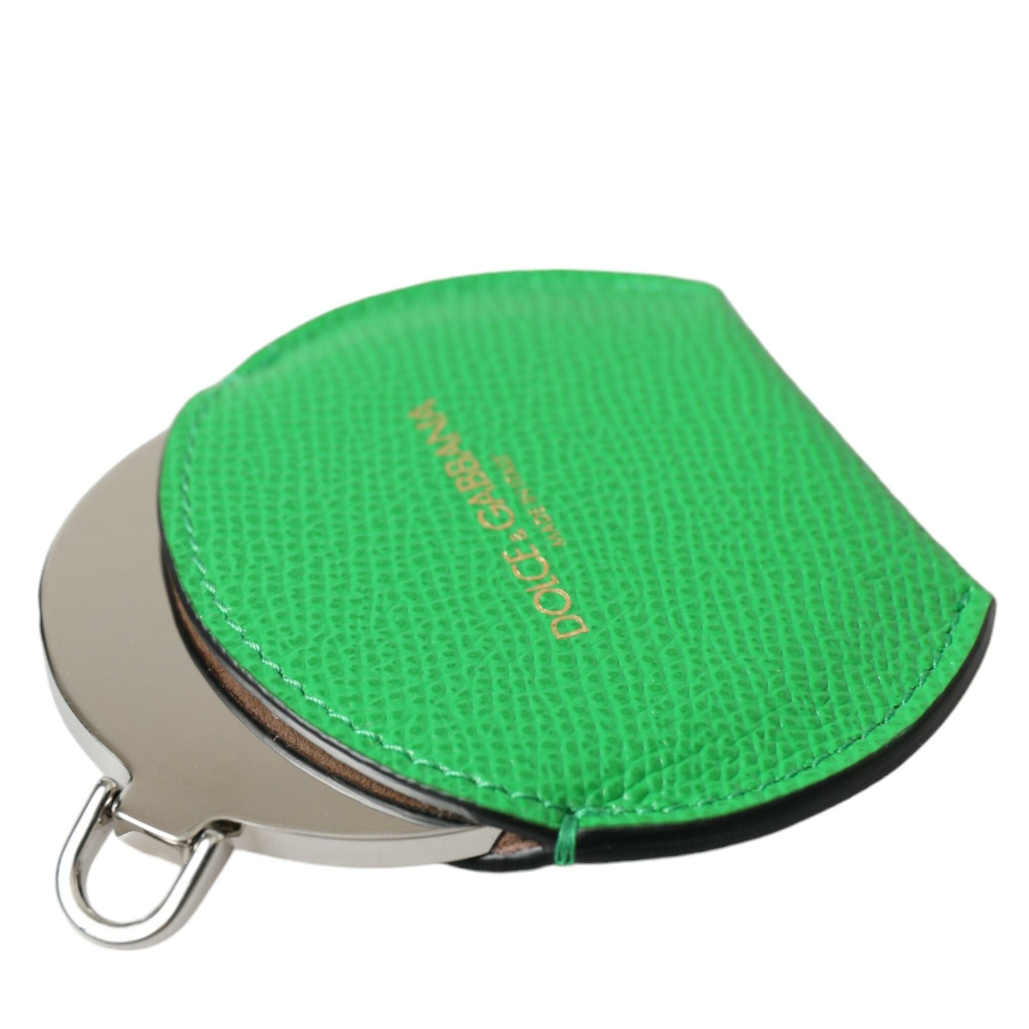 Dolce & Gabbana Green Calfskin Leather Round Logo Hand Mirror Holder