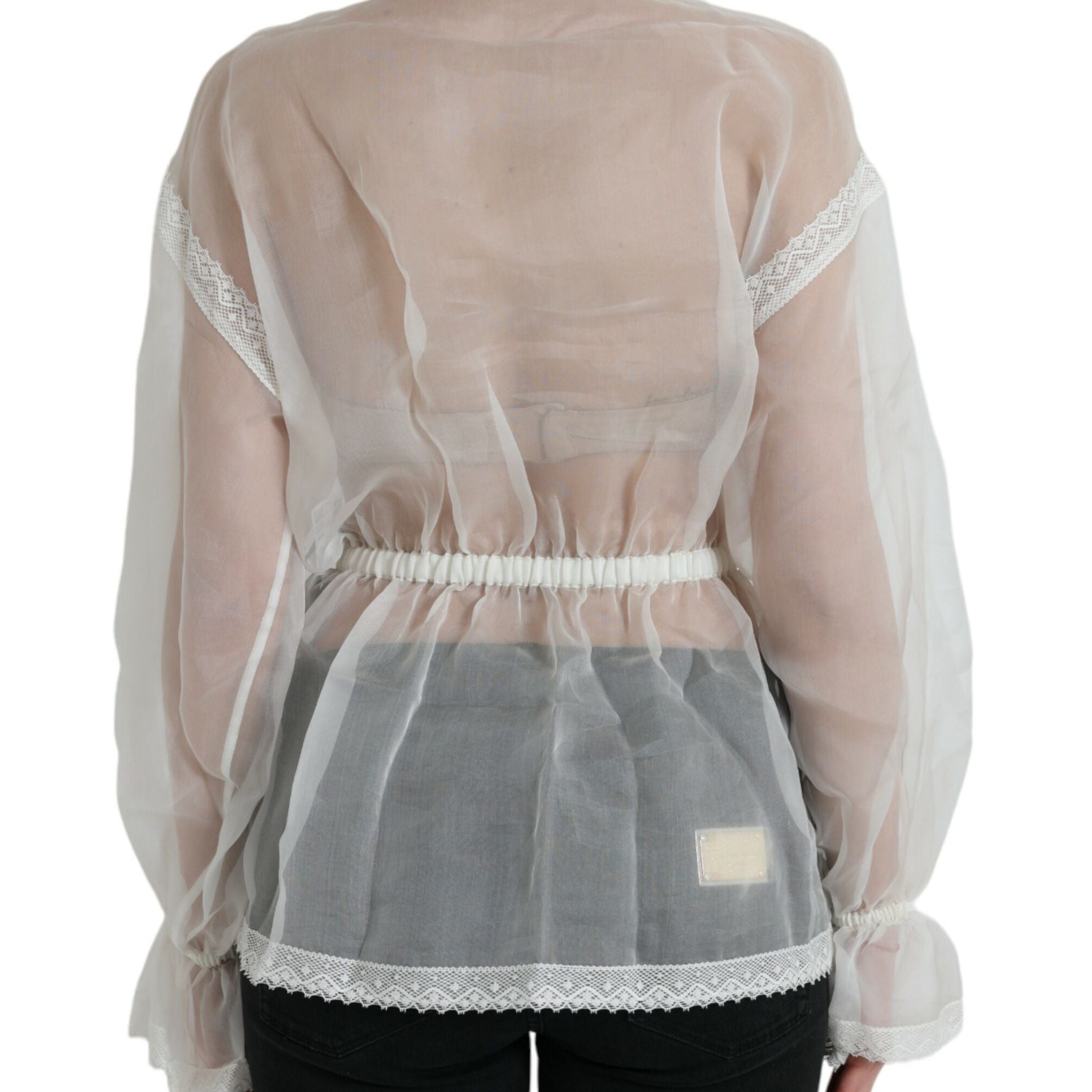 Dolce & Gabbana White Silk Long Sleeves Ascot Collar Top