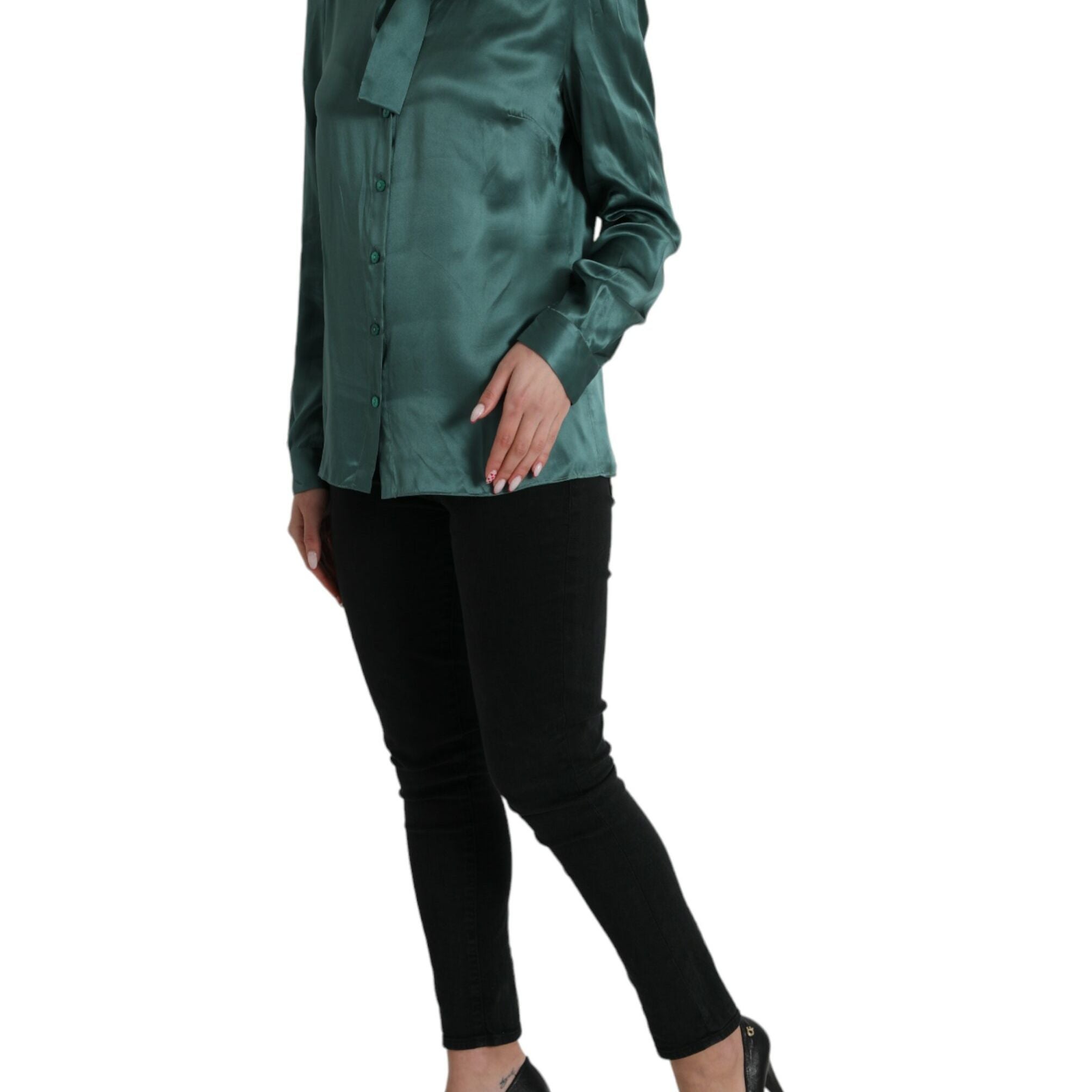 Dolce & Gabbana Dark Green Silk Ascot Collar Blouse Top