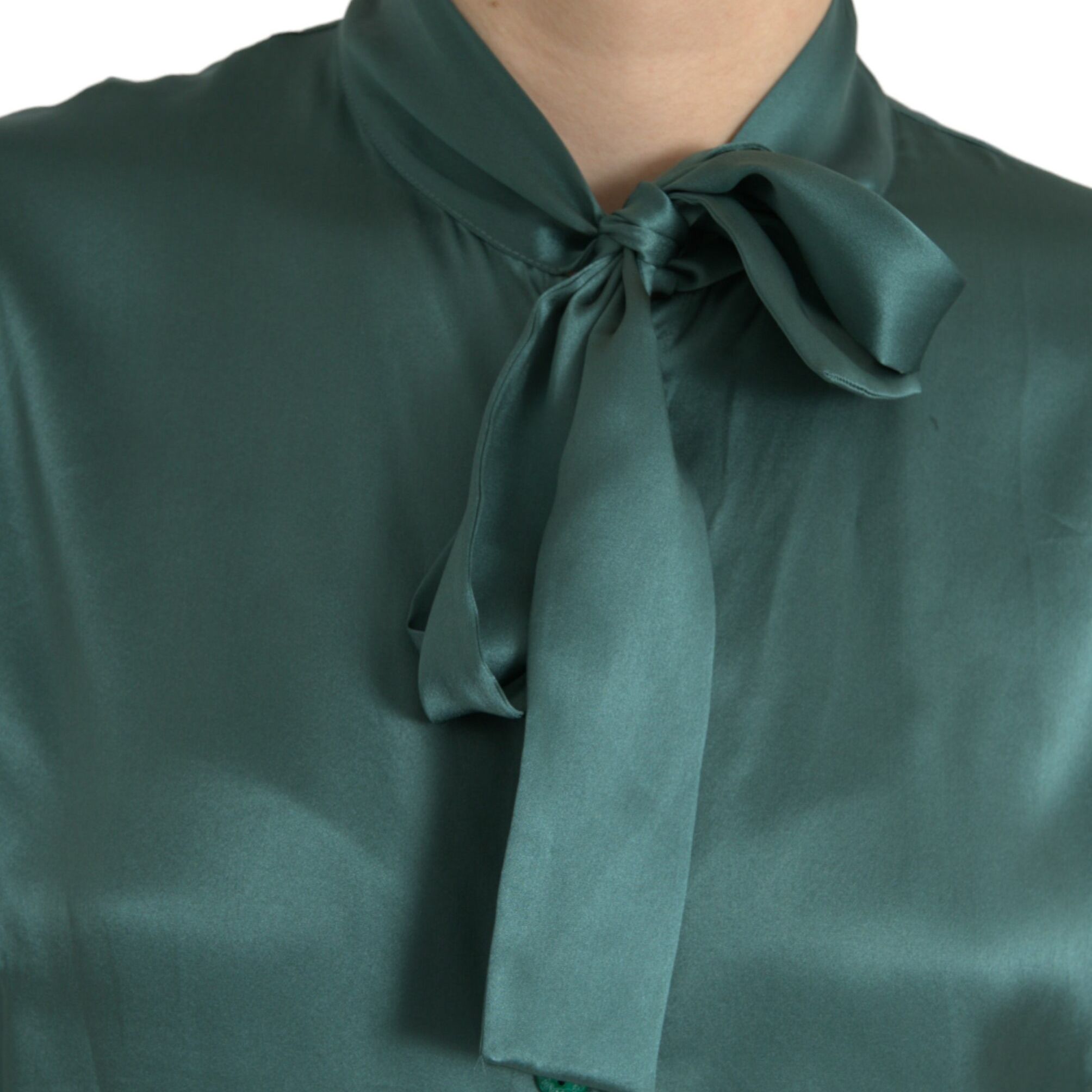 Dolce & Gabbana Dark Green Silk Ascot Collar Blouse Top