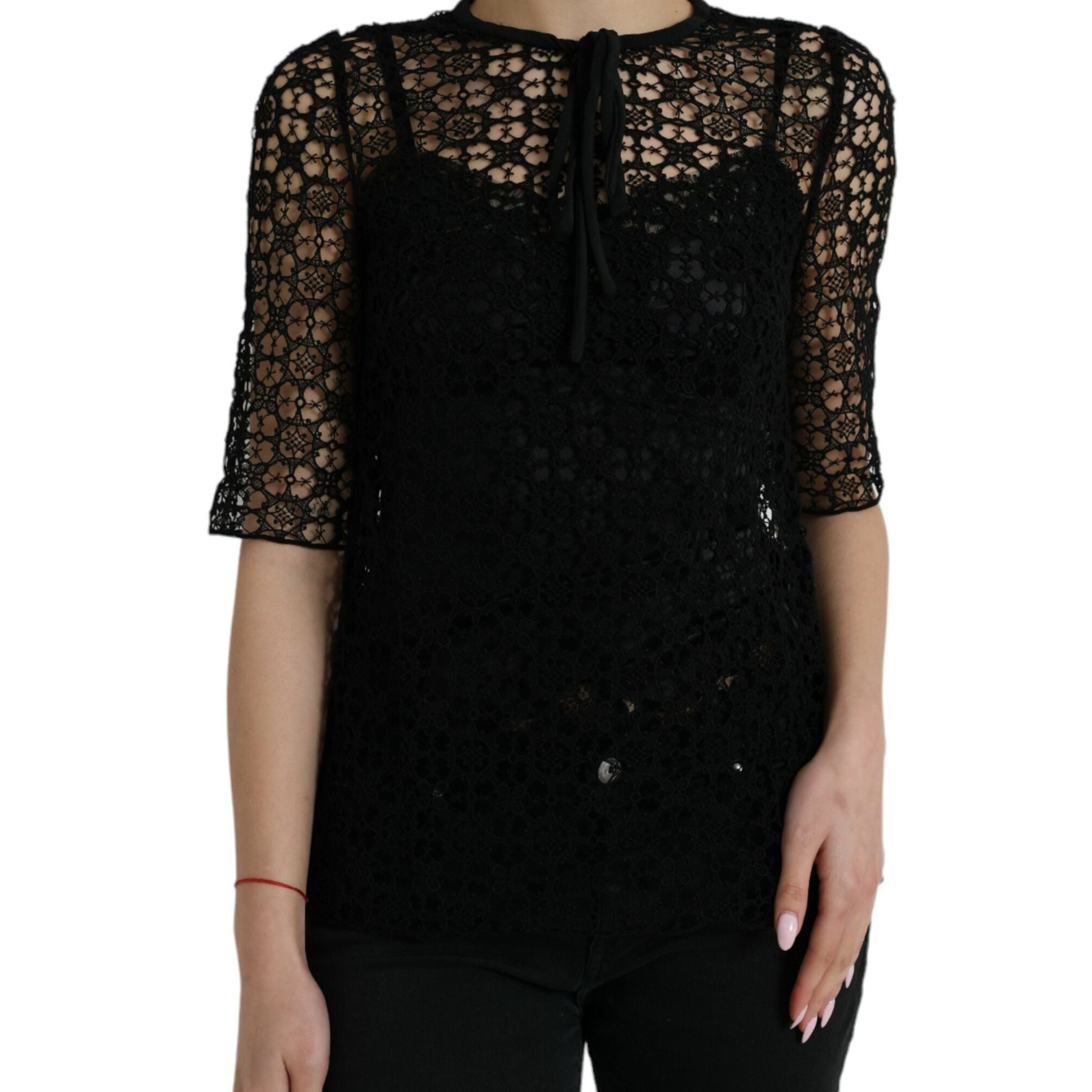 Dolce & Gabbana Black Floral Lace Short Sleeves Blouse Top