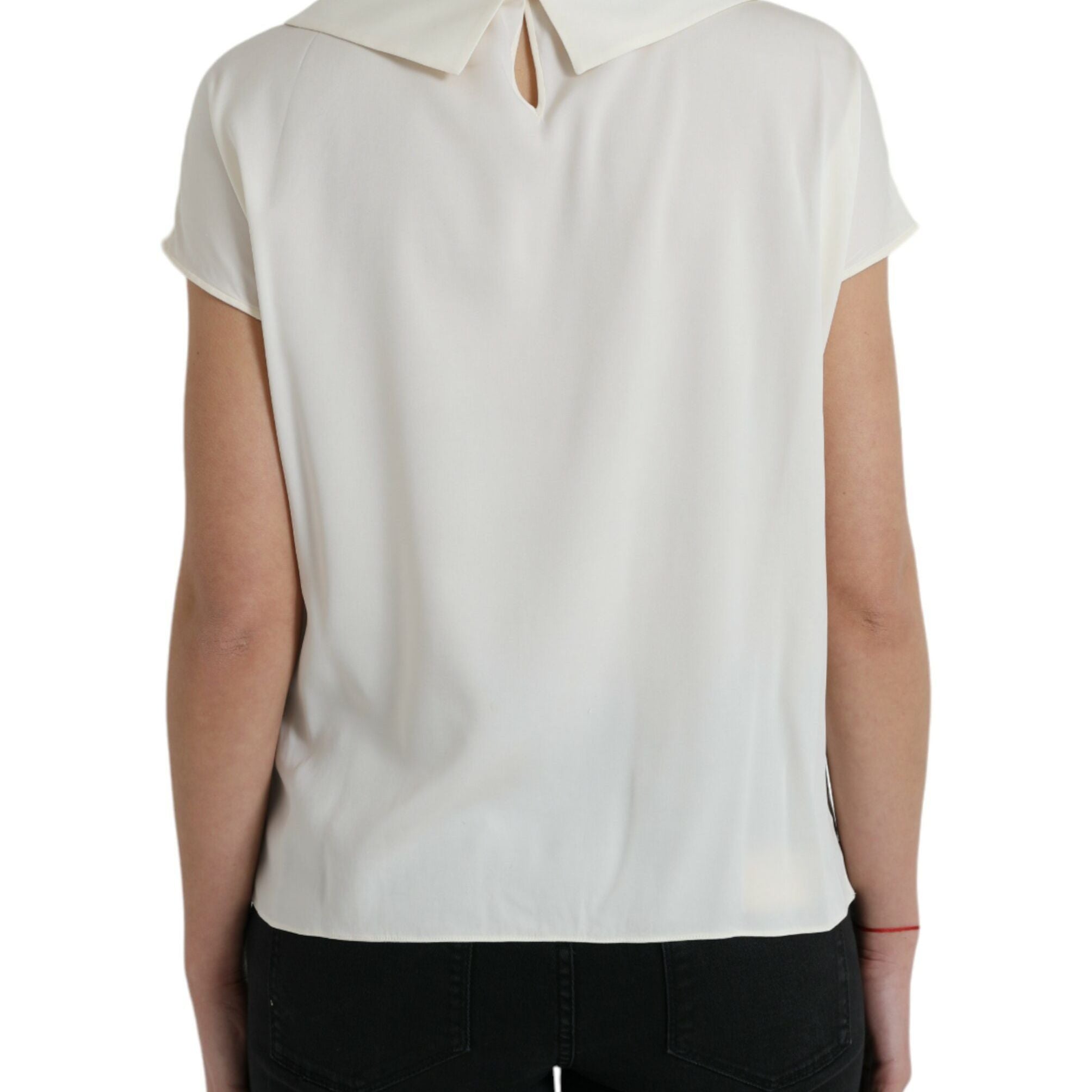 Dolce & Gabbana Off White Silk Lace Trim Short Sleeves Top