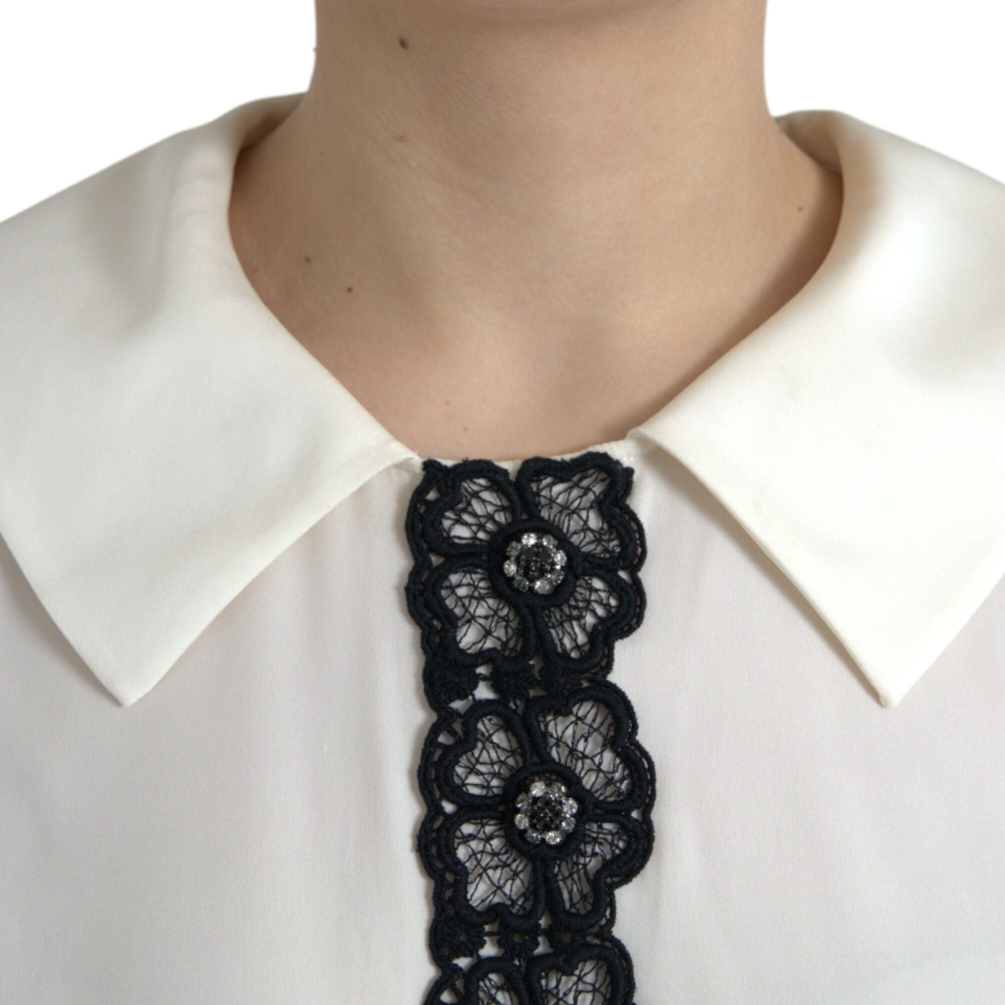 Dolce & Gabbana Off White Silk Lace Trim Short Sleeves Top