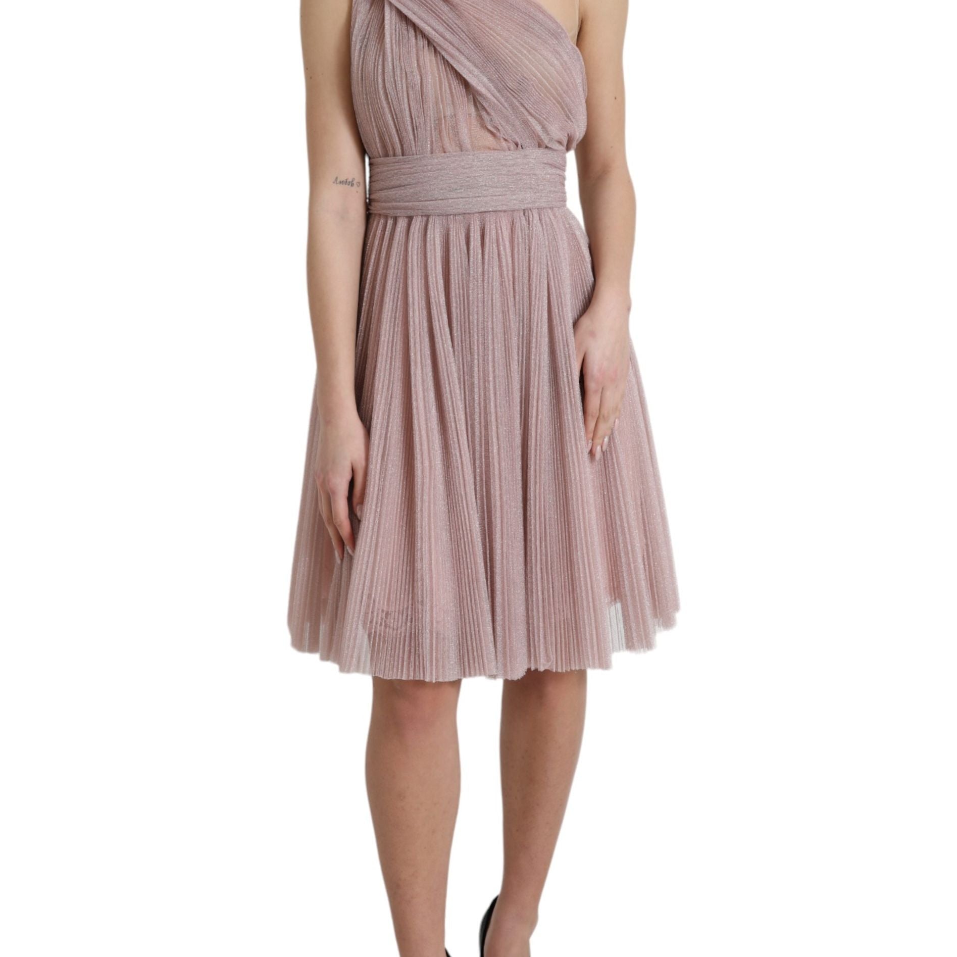 Dolce & Gabbana Light Lilac Pleated Lame Tulle One Shoulder Dress