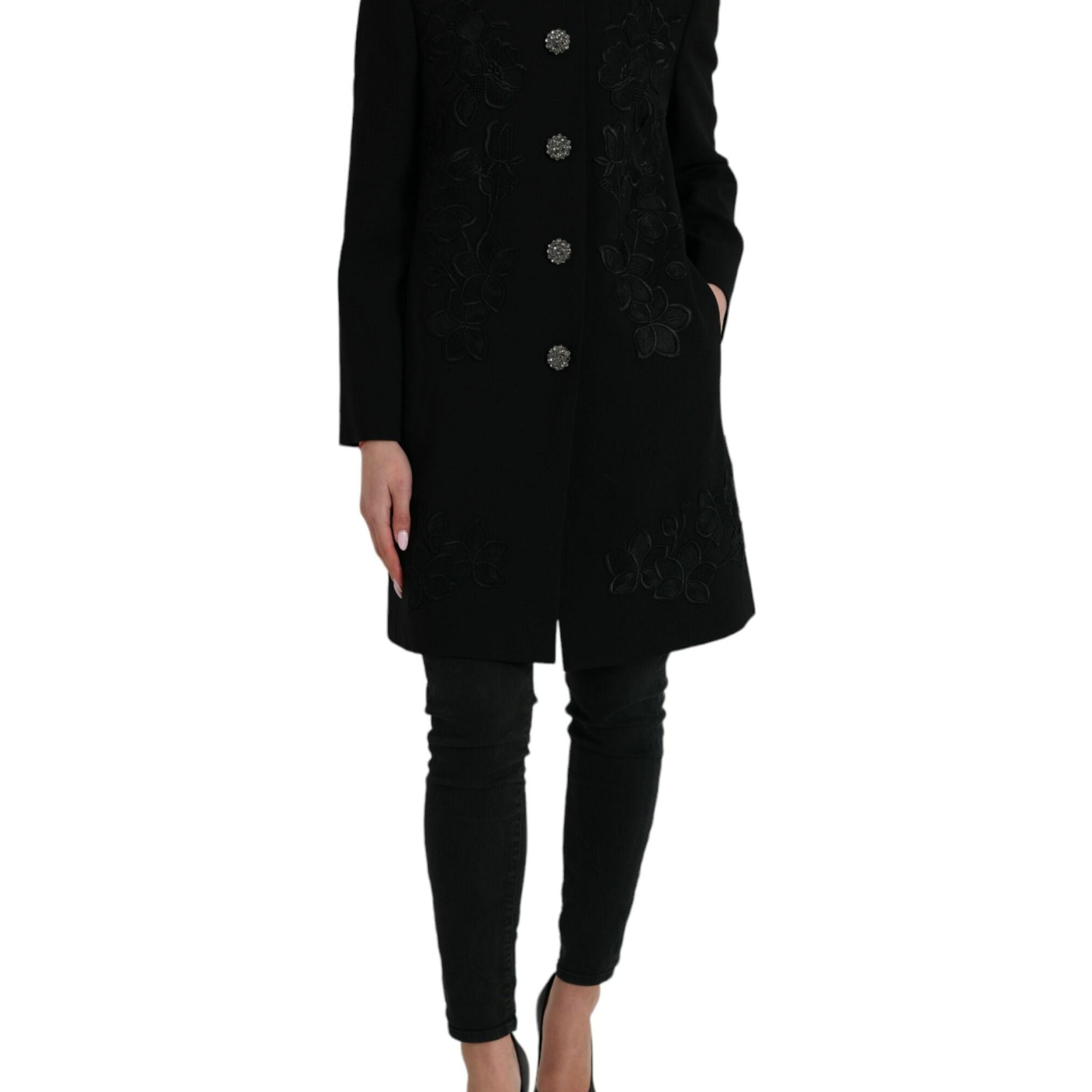 Dolce & Gabbana Black Floral Wool Button Embellished Jacket