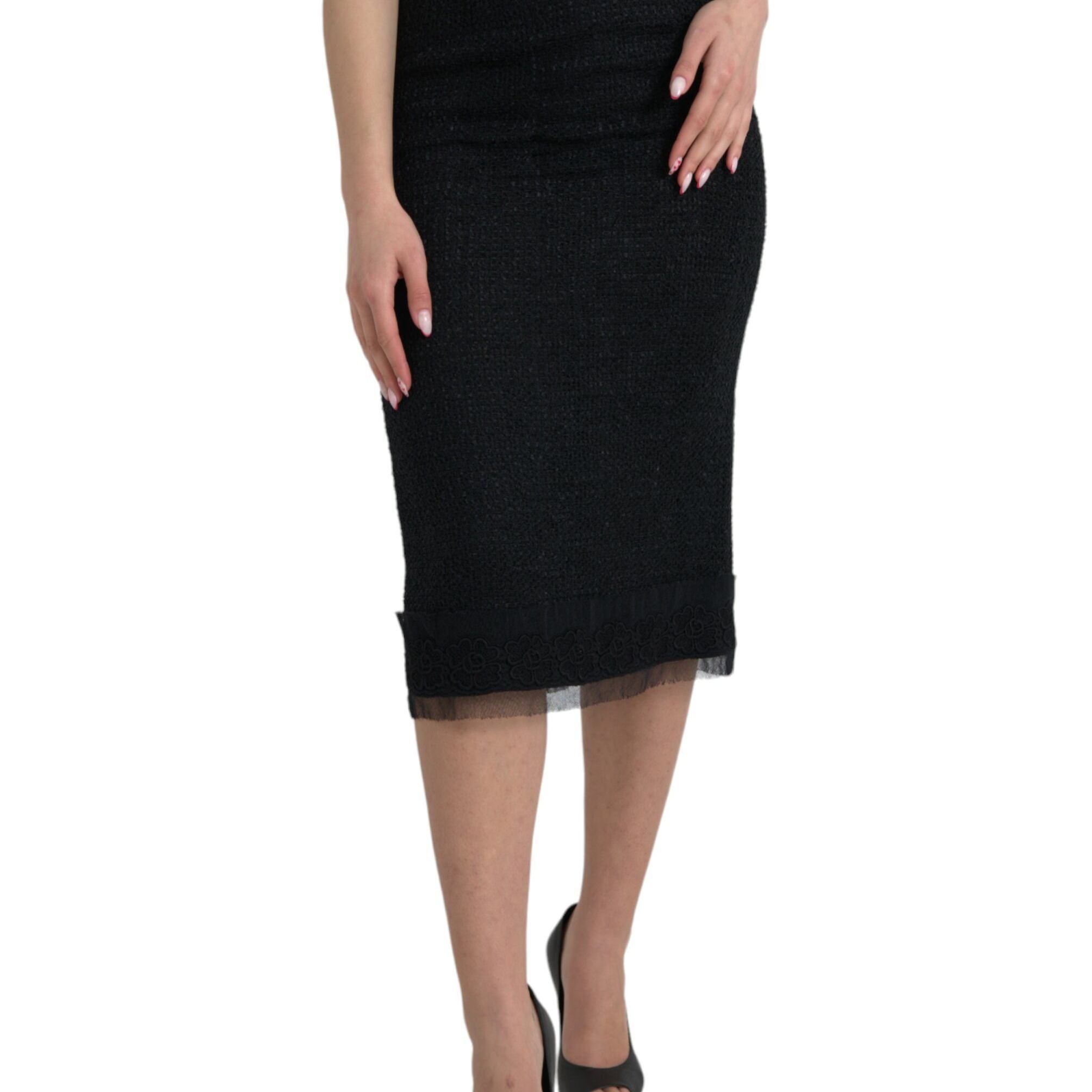 Dolce & Gabbana Black Wool High Waist Pencil Cut Midi Skirt