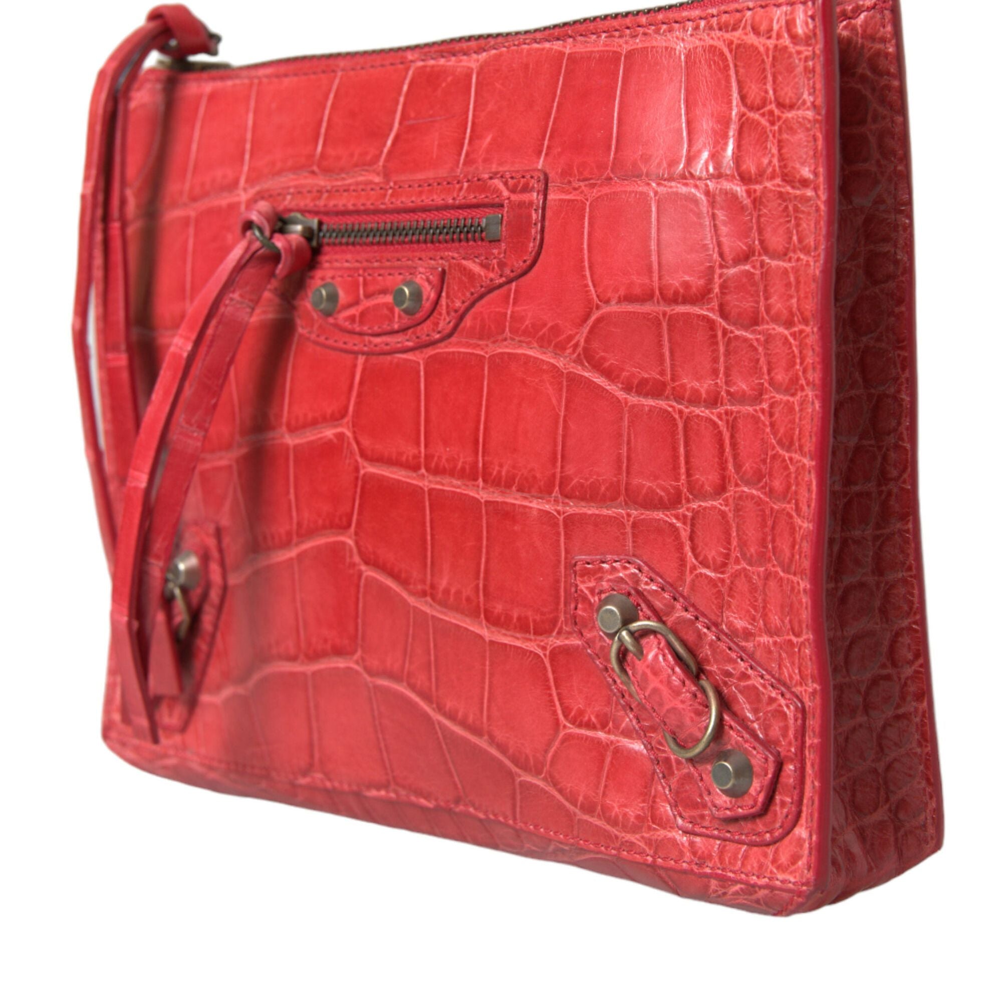 Balenciaga Red Exotic Skin Leather Classic Pouch Purse Wristlet Bag
