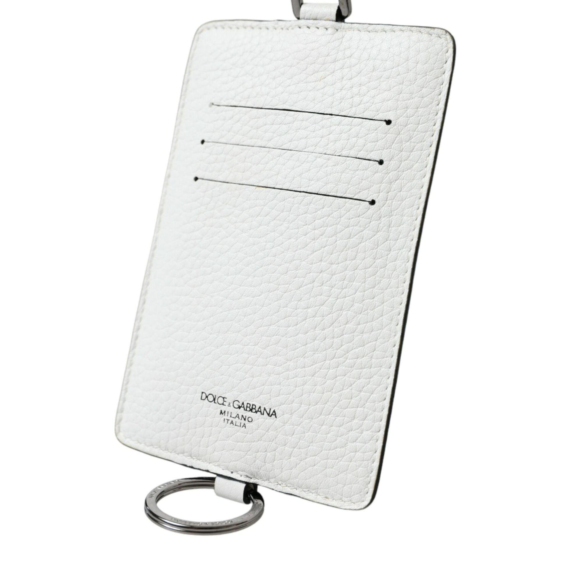 Dolce & Gabbana White Calf Leather Lanyard Logo Card Holder Wallet