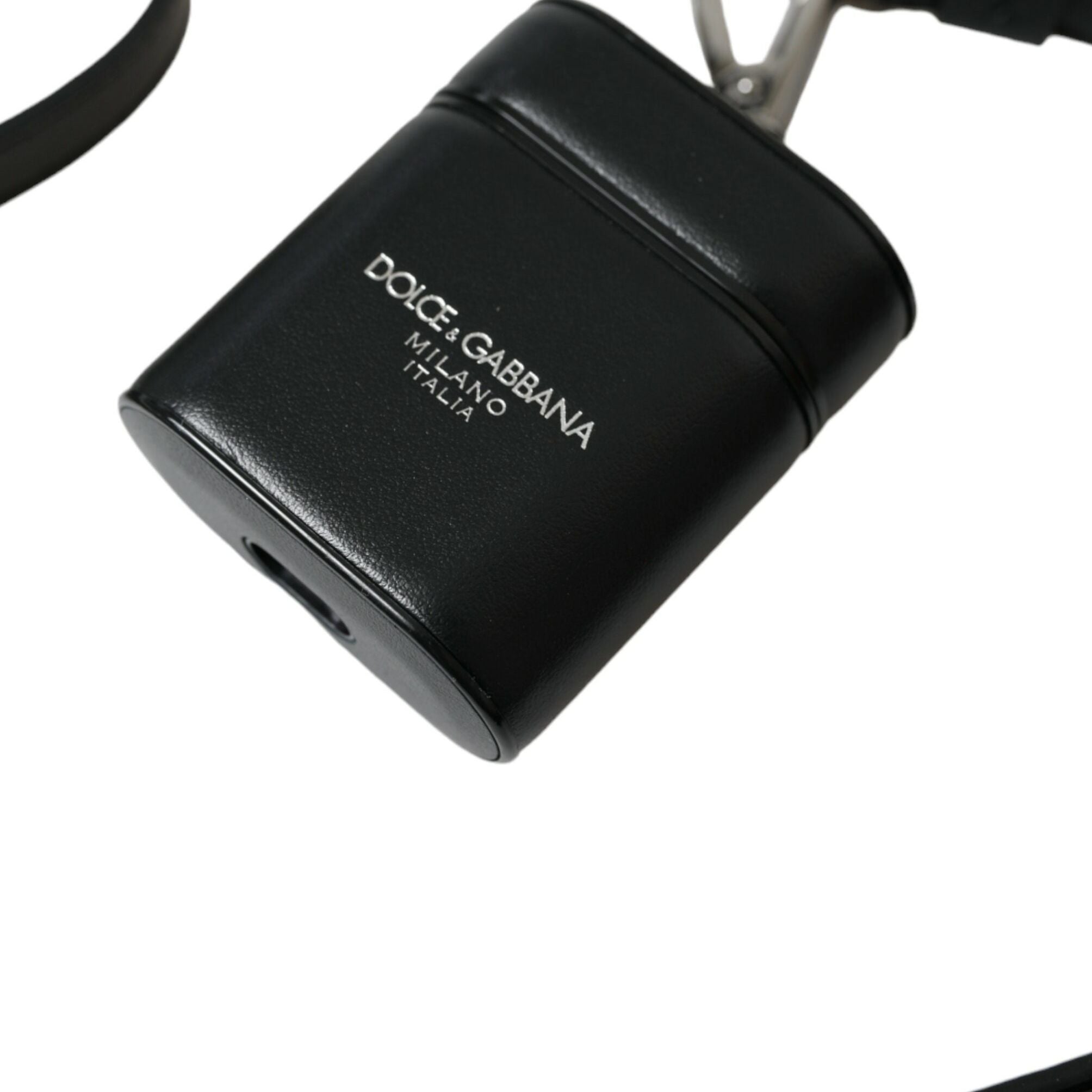 Dolce & Gabbana Black Leather Strap Silver Metal Logo Printed Airpods Case