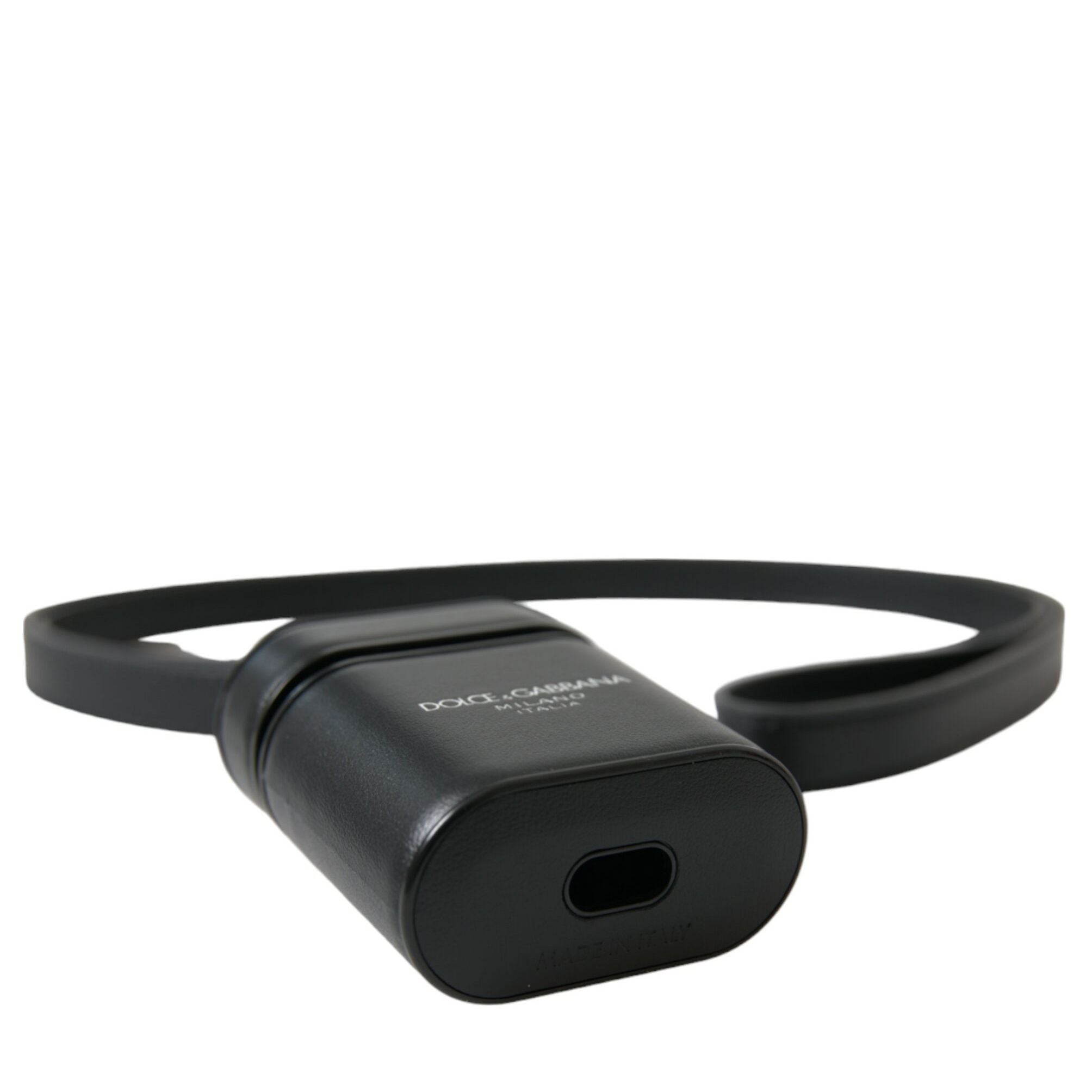 Dolce & Gabbana Black Leather Strap Silver Metal Logo Printed Airpods Case