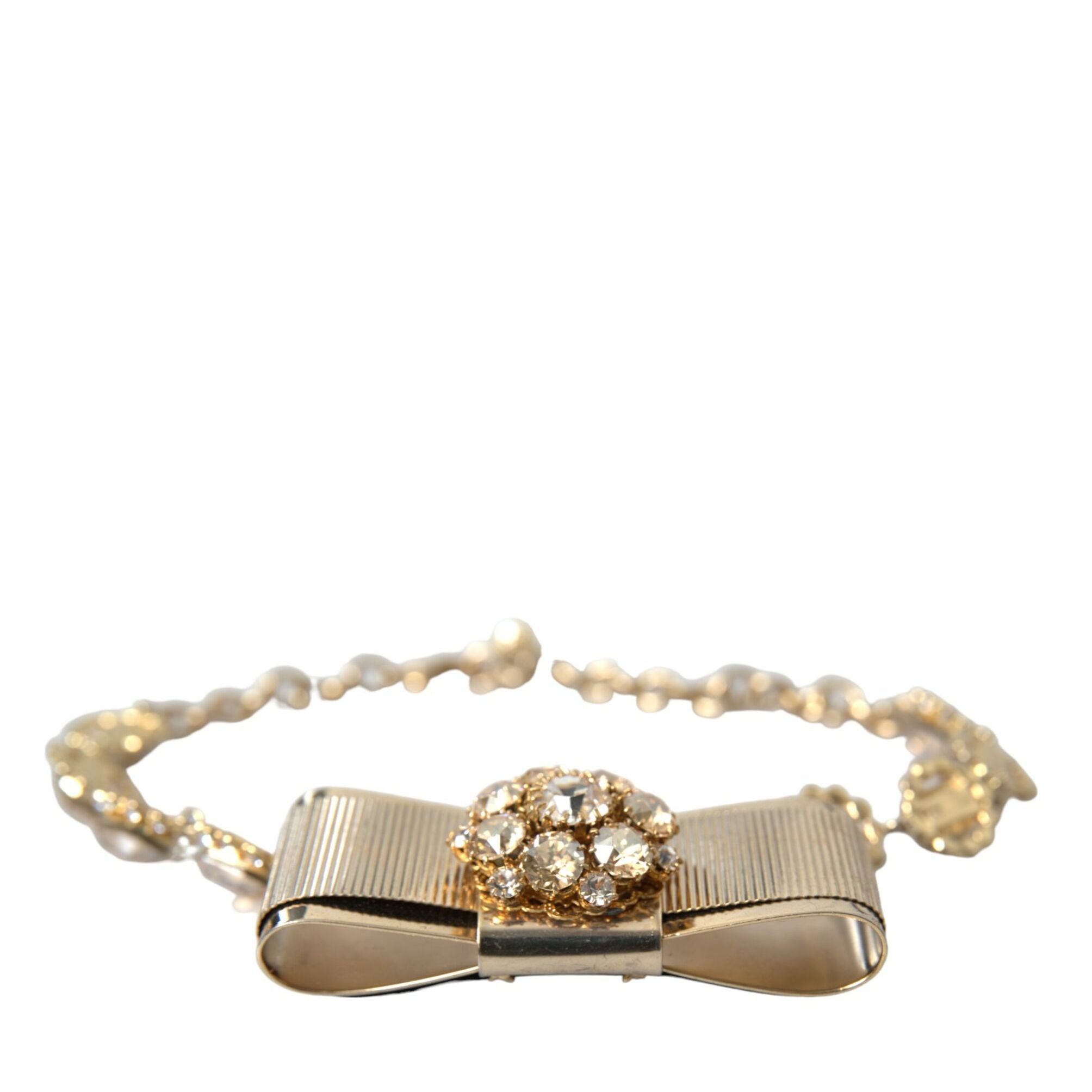 Dolce & Gabbana Gold Brass Clear Crystal Bow Chain Choker Necklace