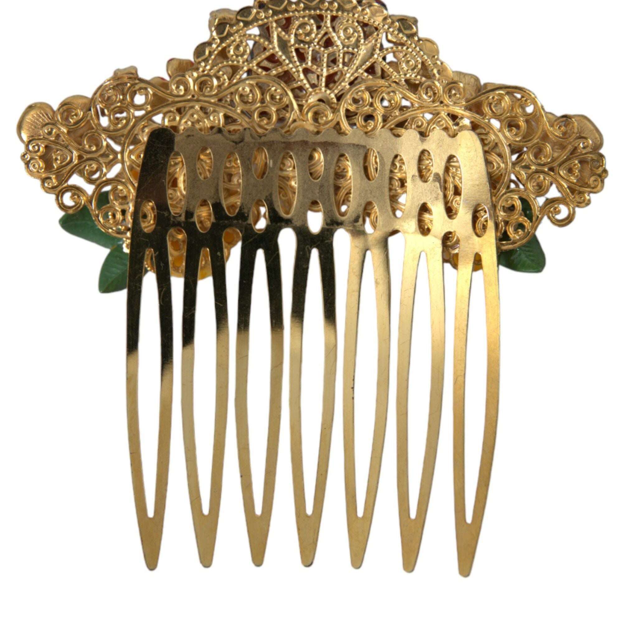 Dolce & Gabbana Gold Brass Crystal Leopard Floral Hair Comb