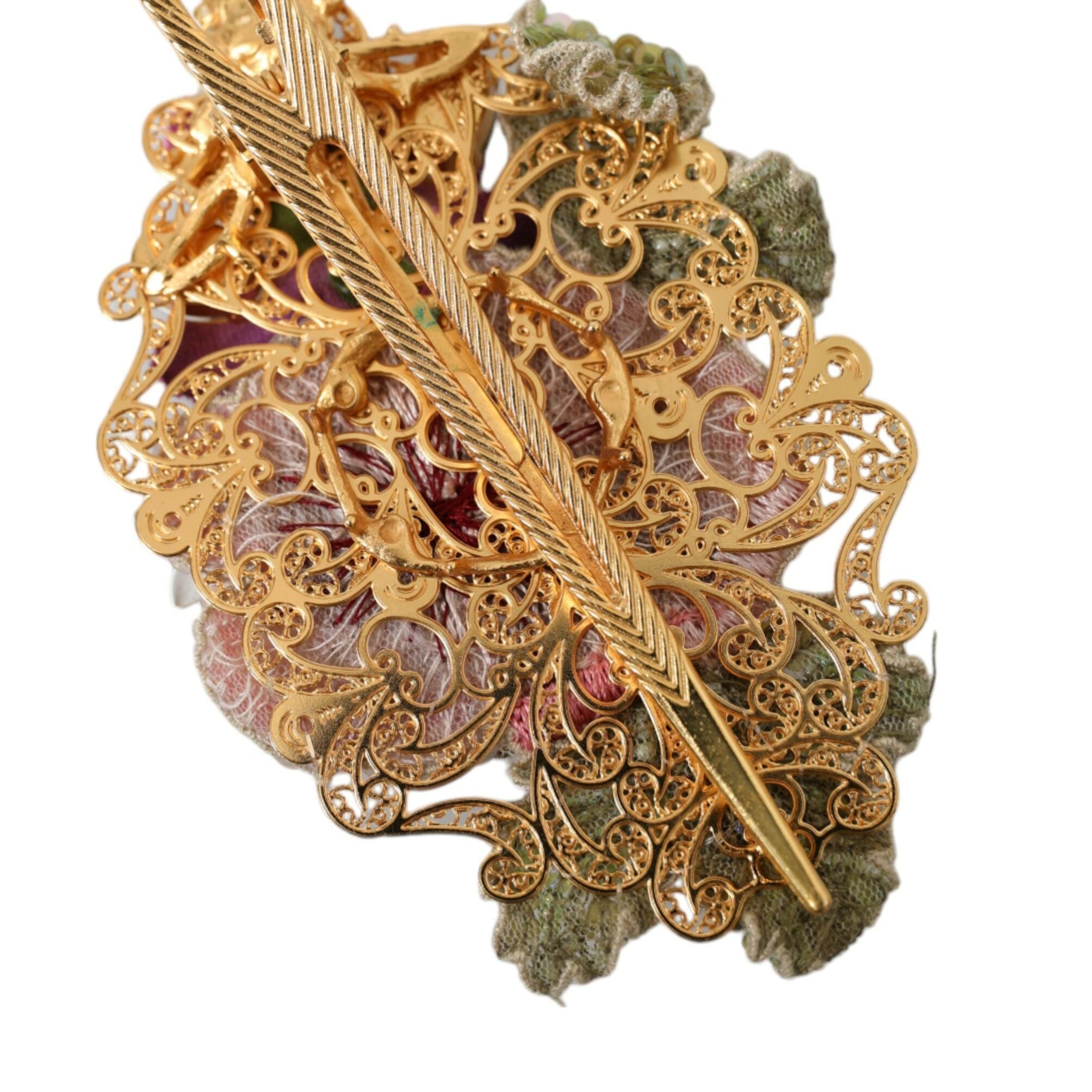 Dolce & Gabbana Gold Brass Floral Crystal Sequined Hair Clip