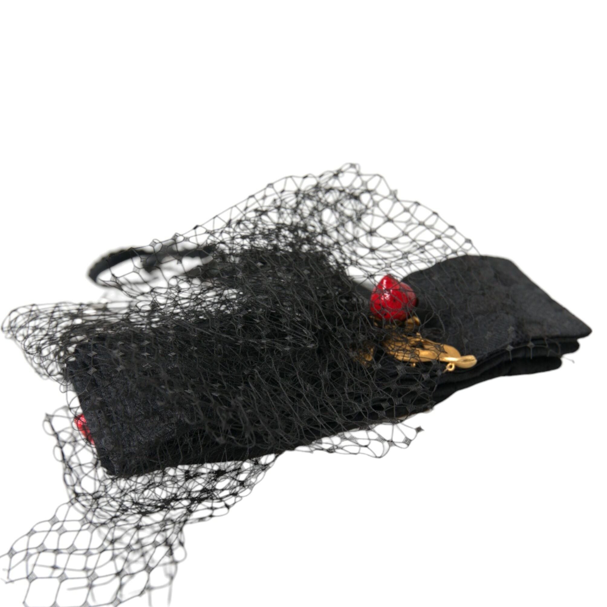 Dolce & Gabbana Black Strawberry Sicily Crystal Mesh Net Headband Diadem