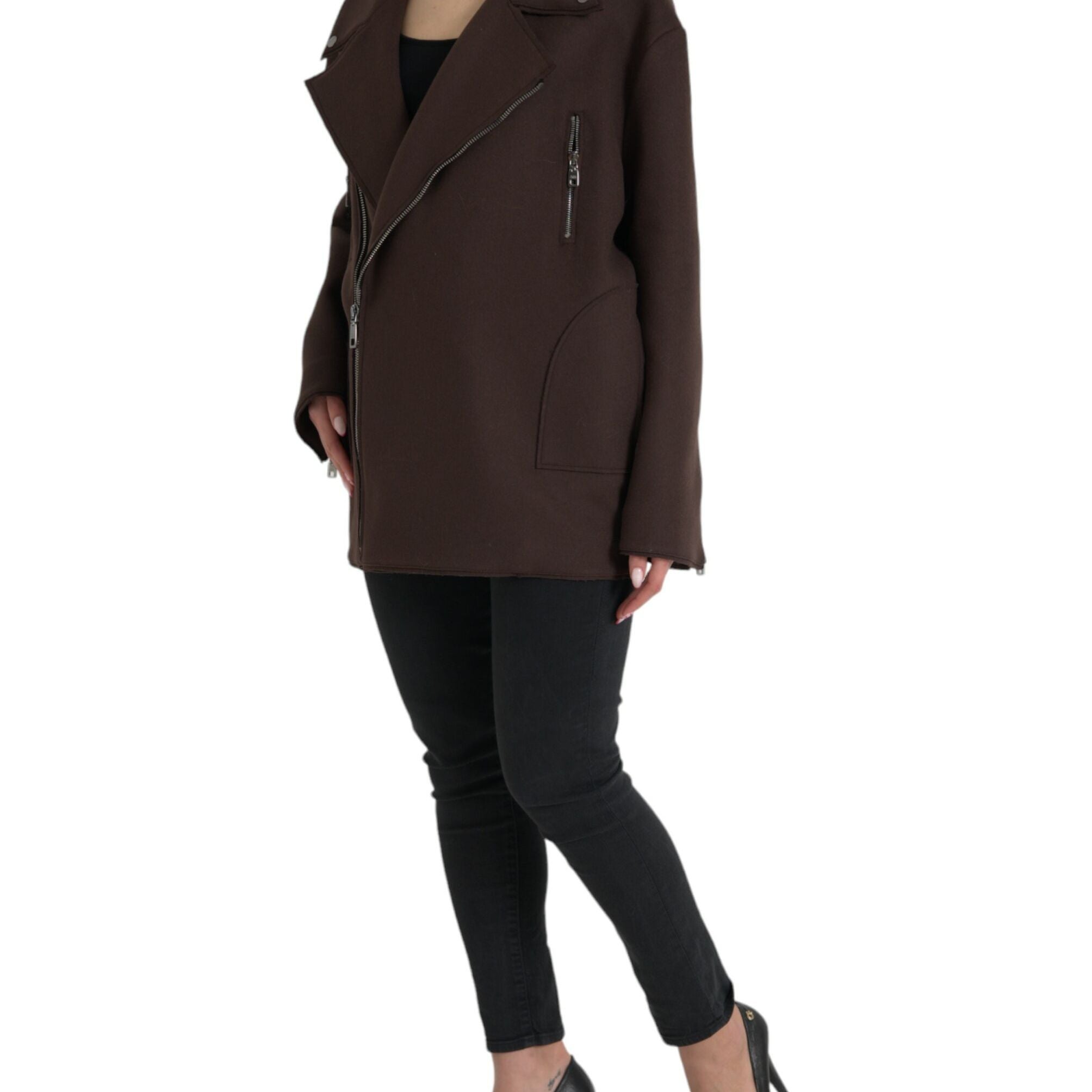 Dolce & Gabbana Brown Coat Short Biker Wool Jacket