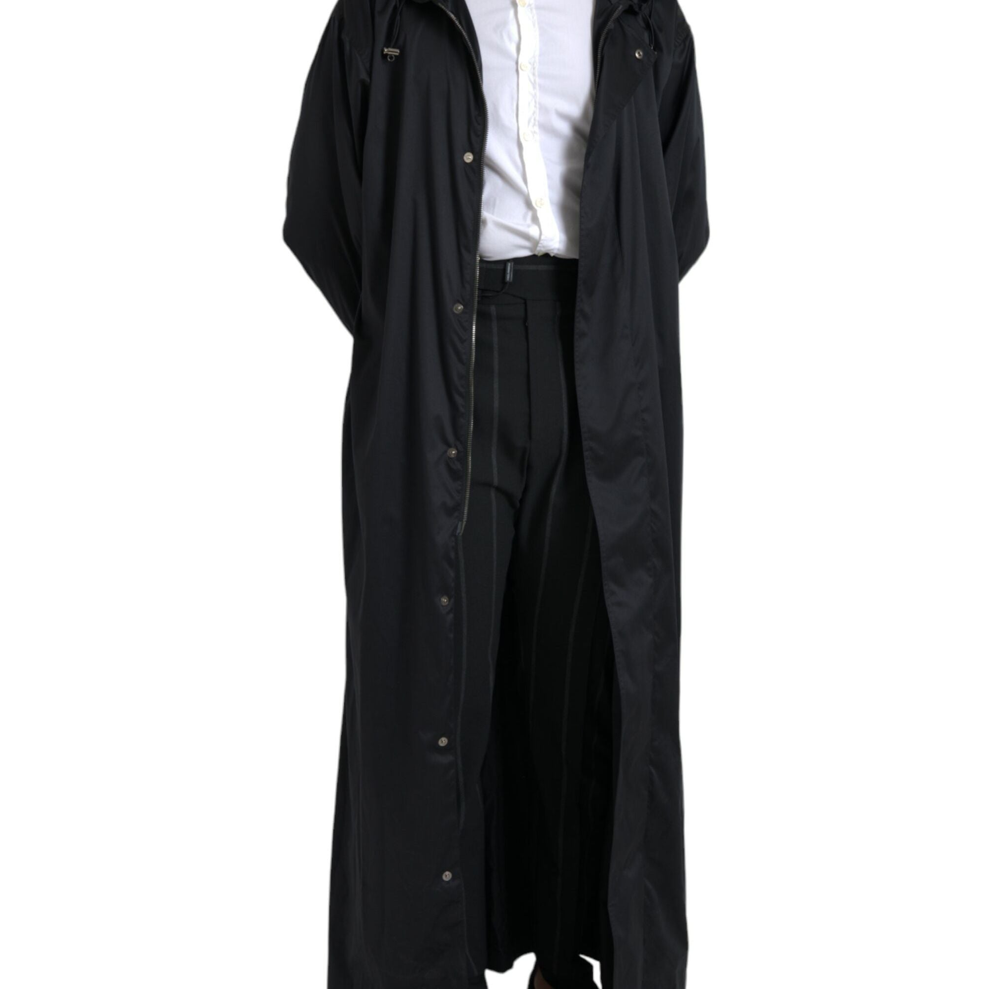 Dolce & Gabbana Black Polyester Hooded Long Windbreaker Jacket