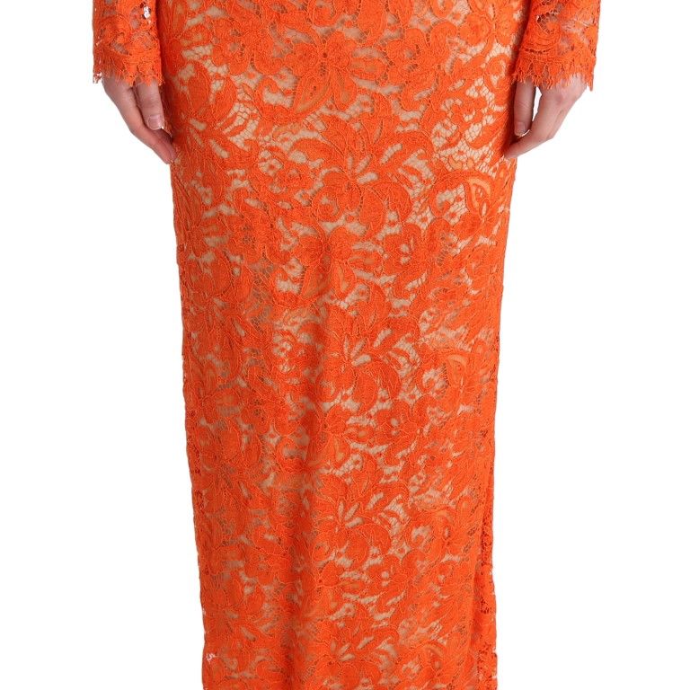 Dolce & Gabbana Orange Floral Ricamo Sheath Long Dress