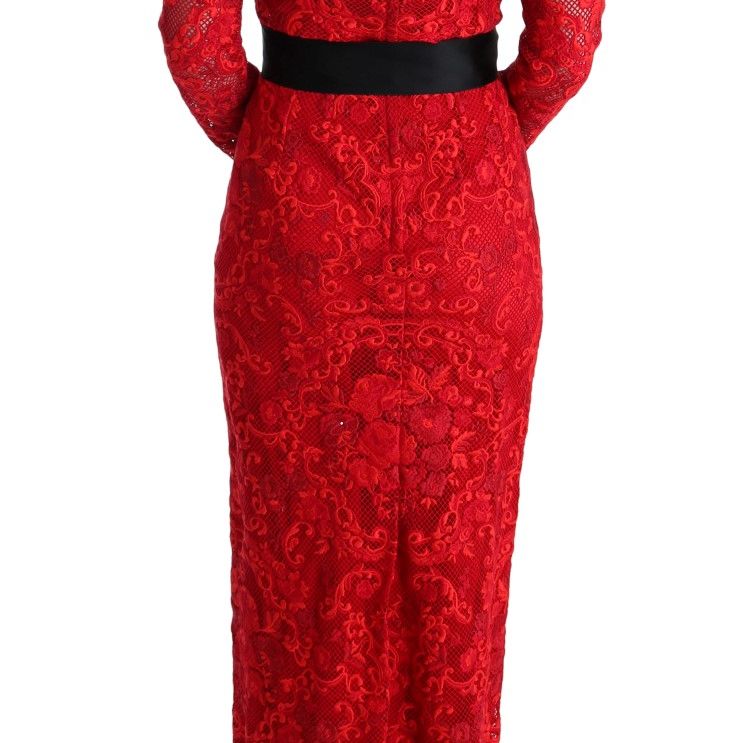 Dolce & Gabbana Red Floral Ricamo Sheath Long Dress