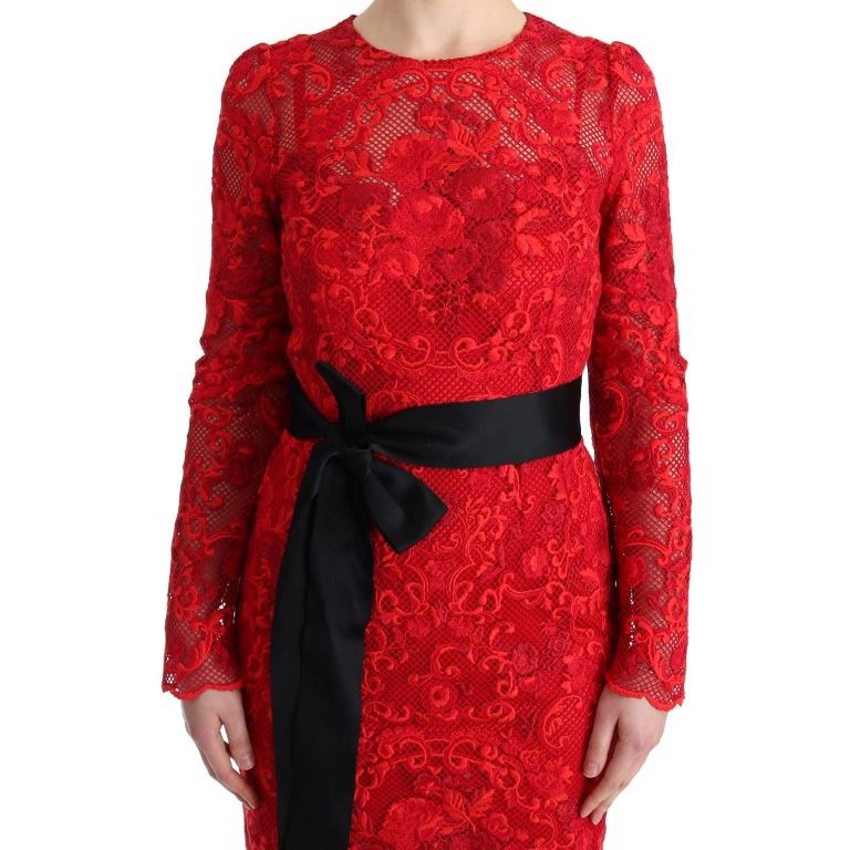 Dolce & Gabbana Red Floral Ricamo Sheath Long Dress
