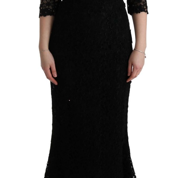 Dolce & Gabbana Black Floral Ricamo Sheath Long Dress