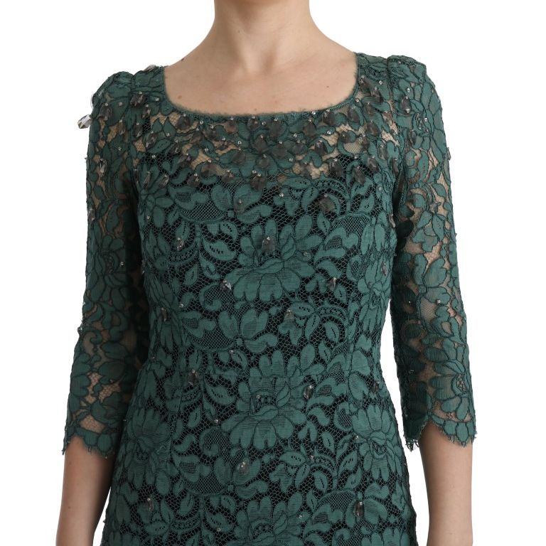 Dolce & Gabbana Green Floral Crystal Ricamo Sheath Dress