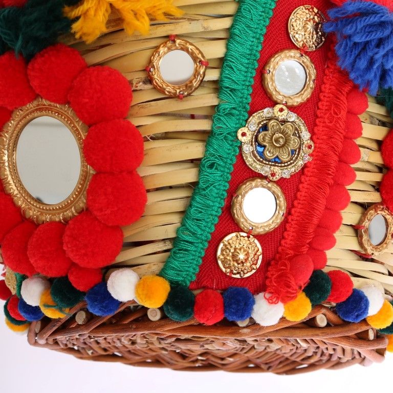 Dolce & Gabbana Multicolor AGNESE Straw Crystal  Pom Pom Bag